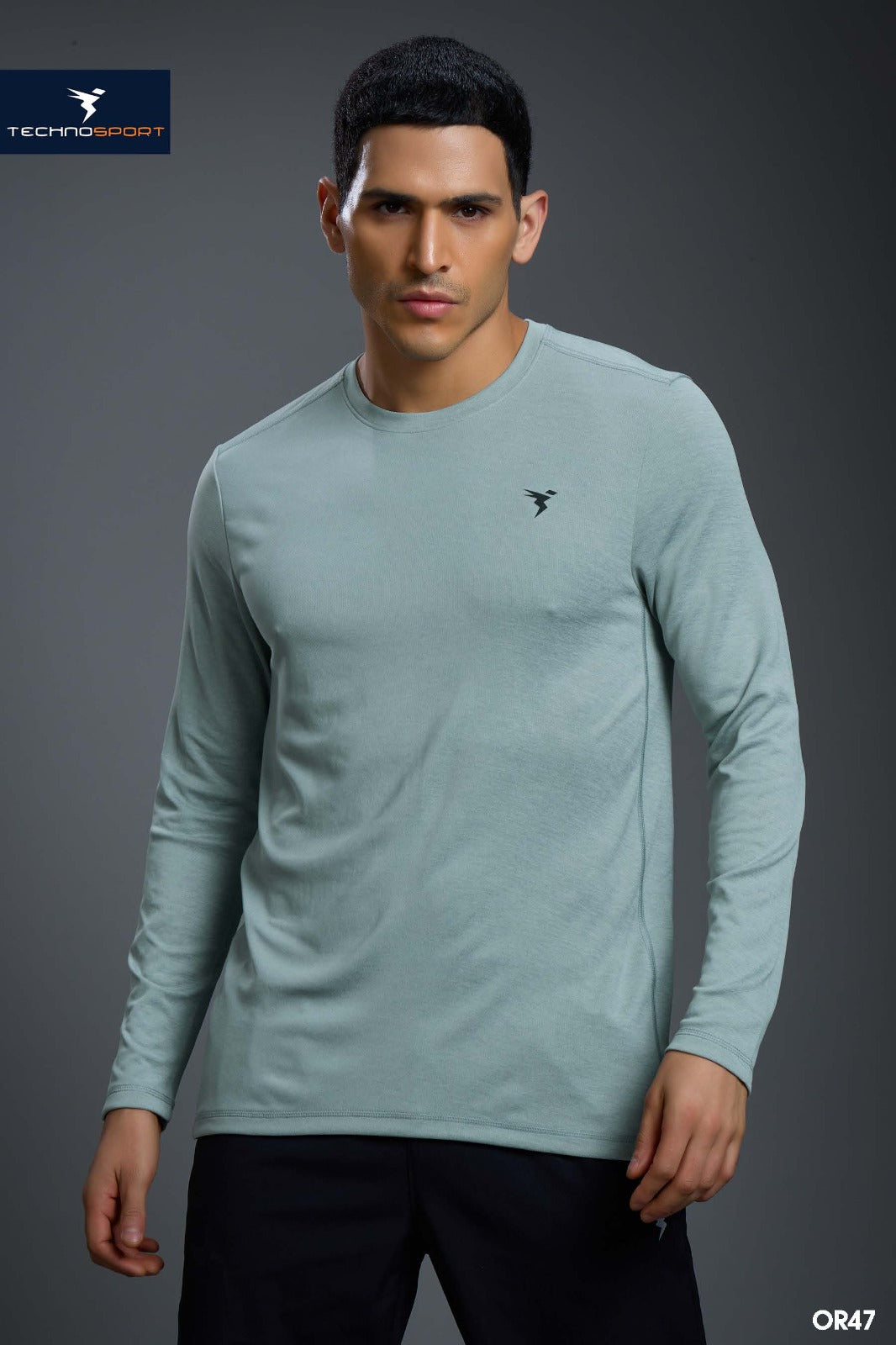 Technosport Melange Doule Cool Slim Fit Crew Neck Fullsleeve Tshirt - OR47 - AQUA GREY
