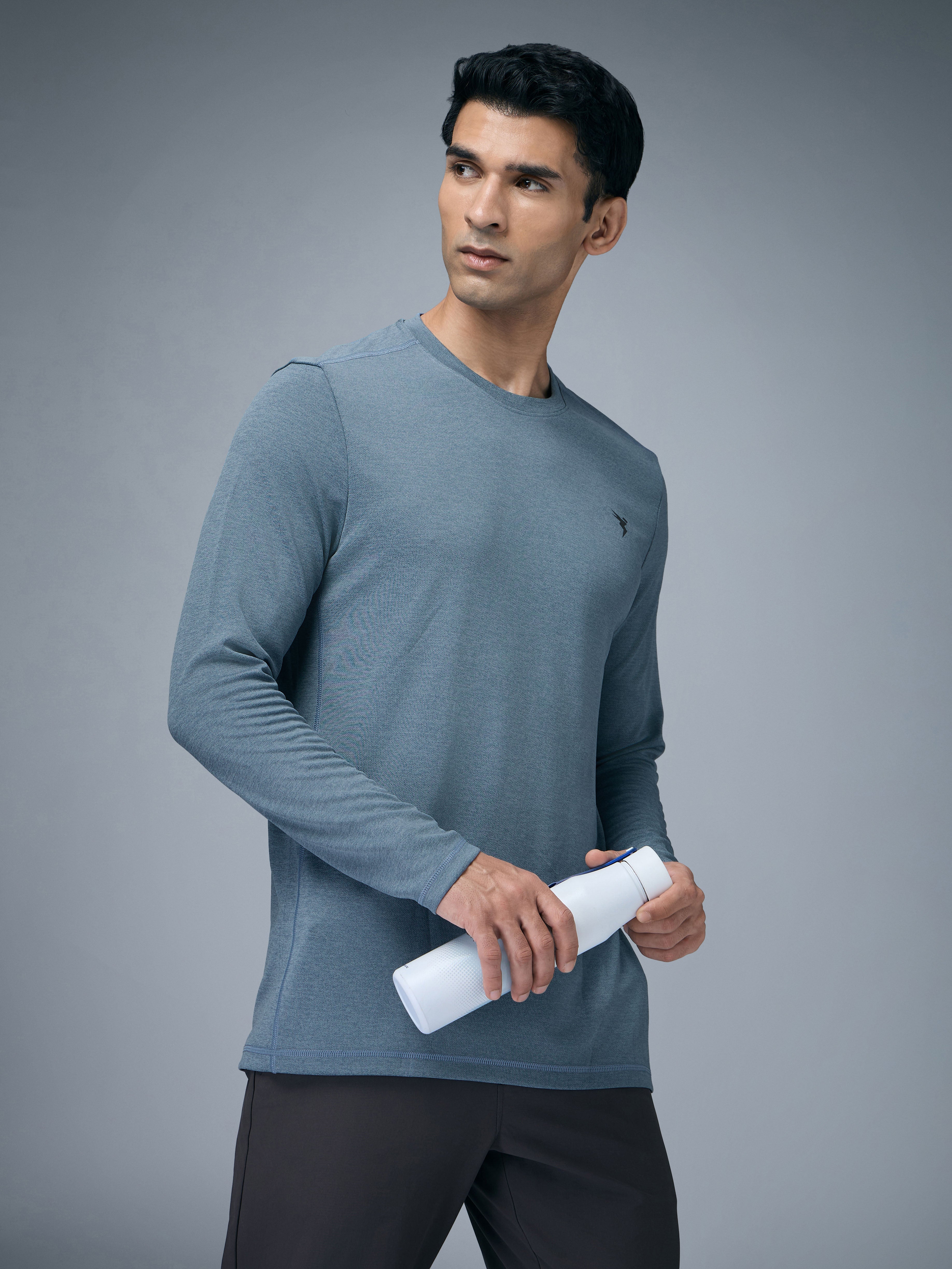 Technosport Melange Doule Cool Slim Fit Crew Neck Fullsleeve Tshirt - OR47 - BLUE STONE
