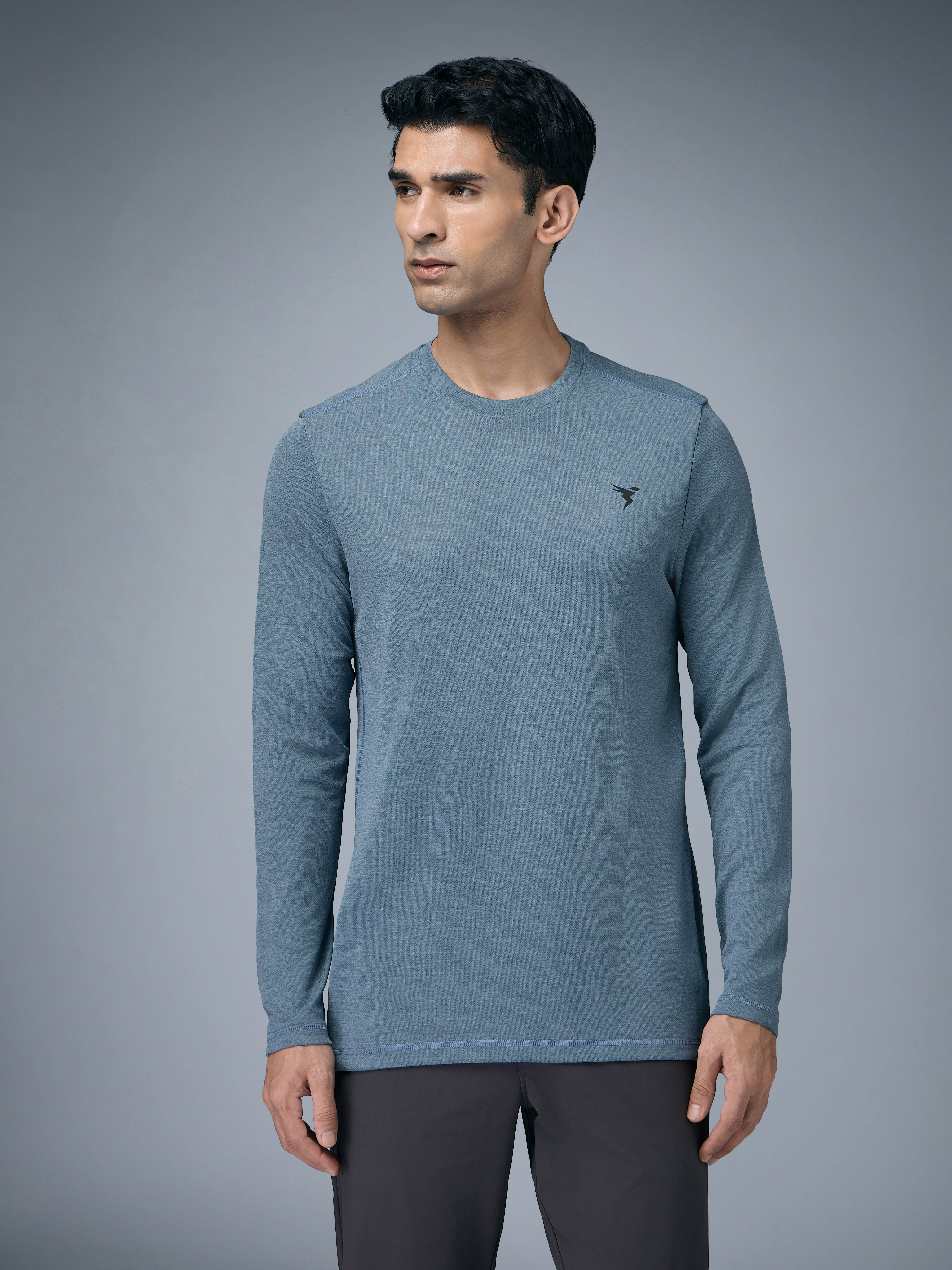 Technosport Melange Doule Cool Slim Fit Crew Neck Fullsleeve Tshirt - OR47 - BLUE STONE