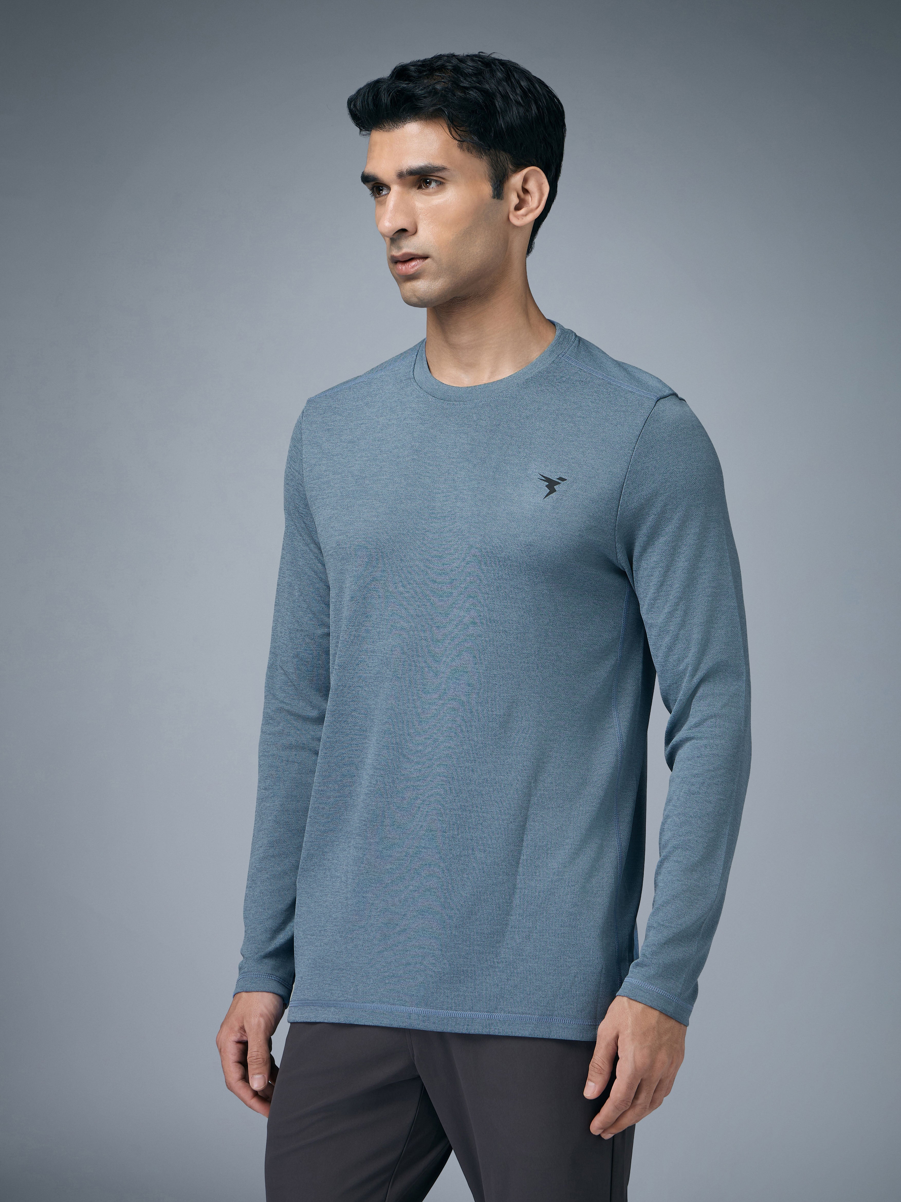 Technosport Melange Doule Cool Slim Fit Crew Neck Fullsleeve Tshirt - OR47 - BLUE STONE