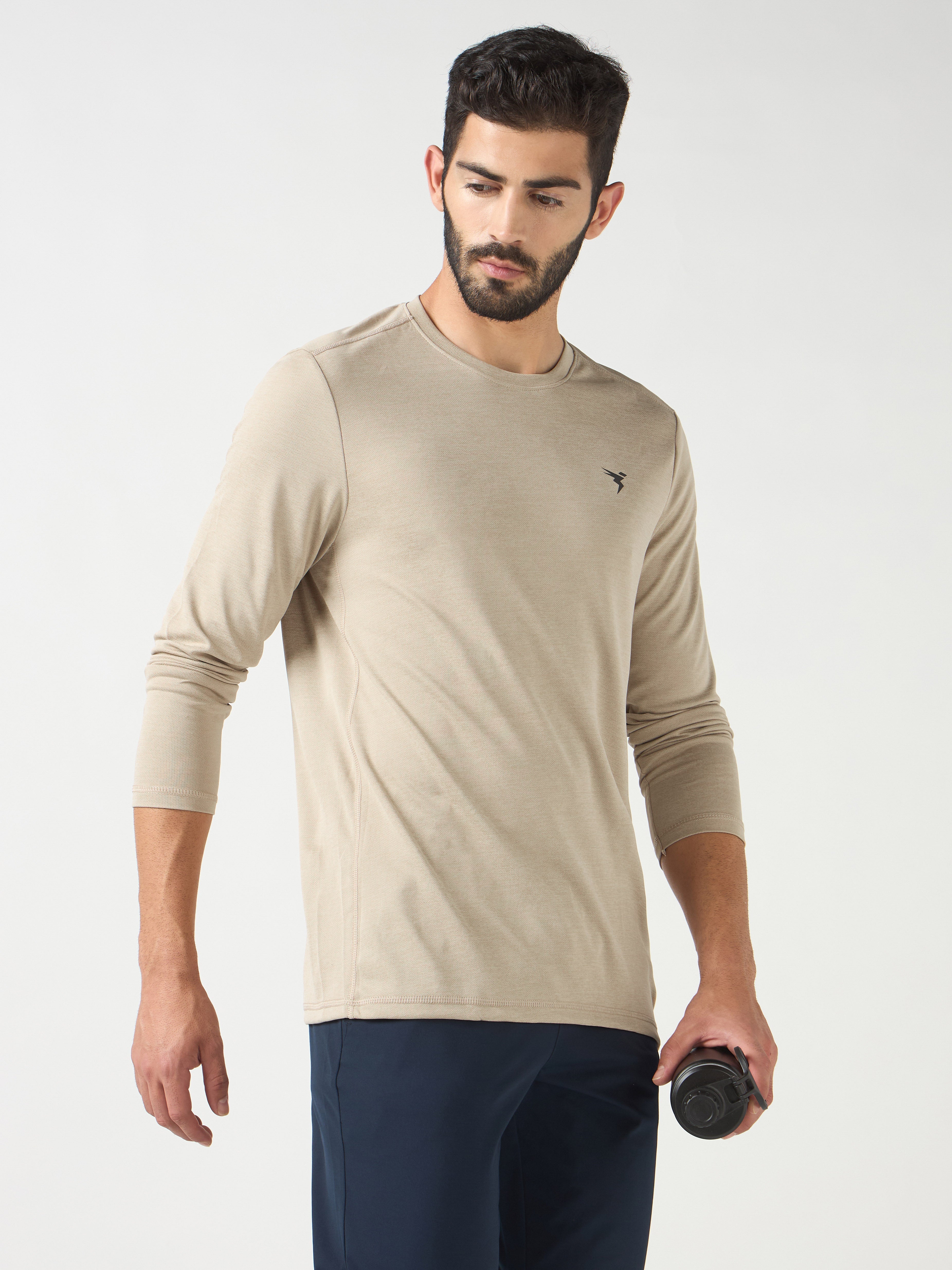 Technosport Melange Doule Cool Slim Fit Crew Neck Fullsleeve Tshirt - OR47 - OYSTER GRAY