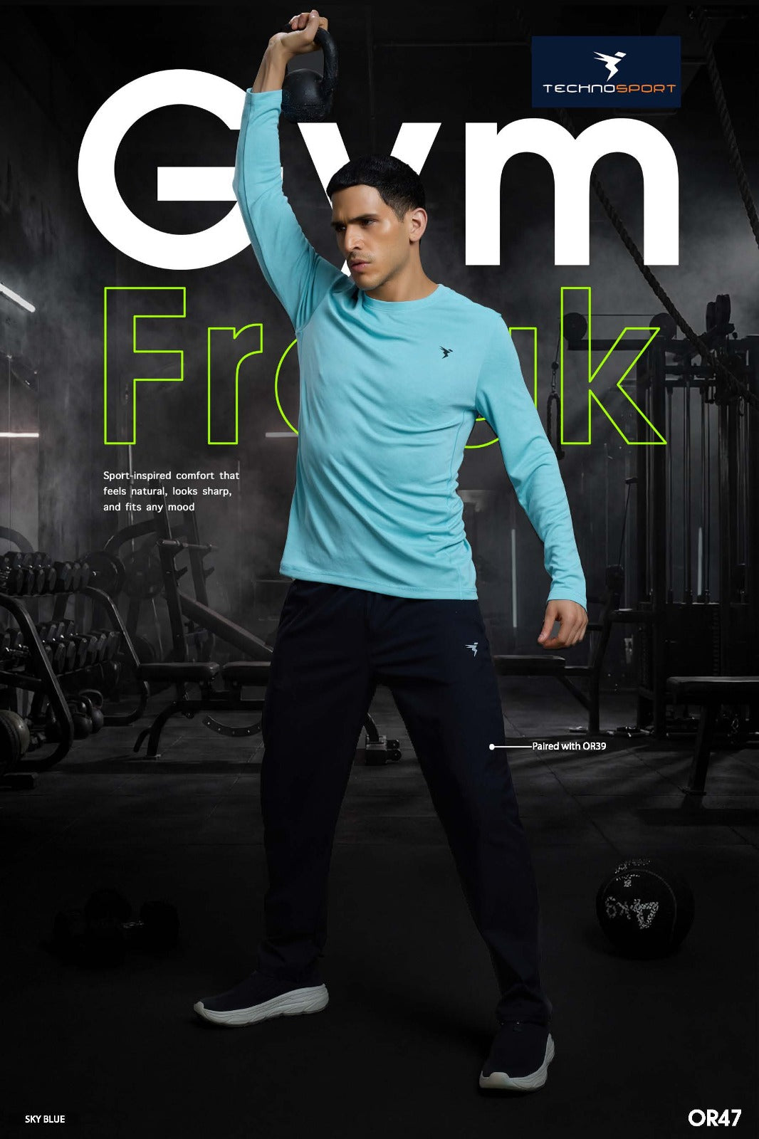 Technosport Melange Doule Cool Slim Fit Crew Neck Fullsleeve Tshirt - OR47 - SKY BLUE B