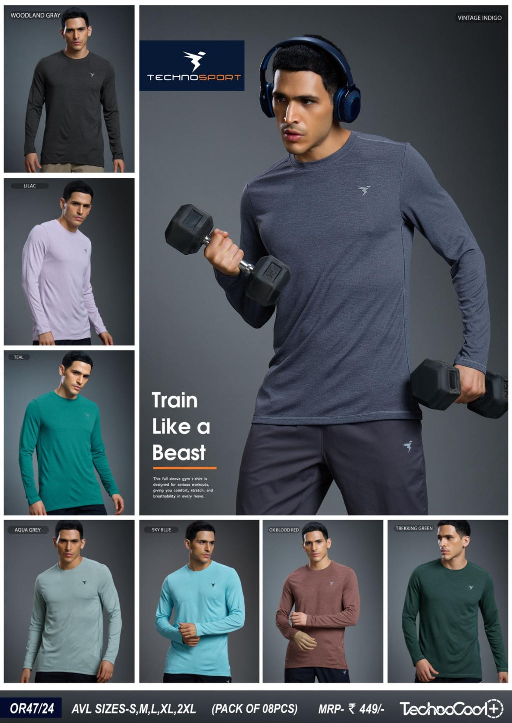 Technosport Melange Doule Cool Slim Fit Crew Neck Fullsleeve Tshirt - OR47 - SKY BLUE B