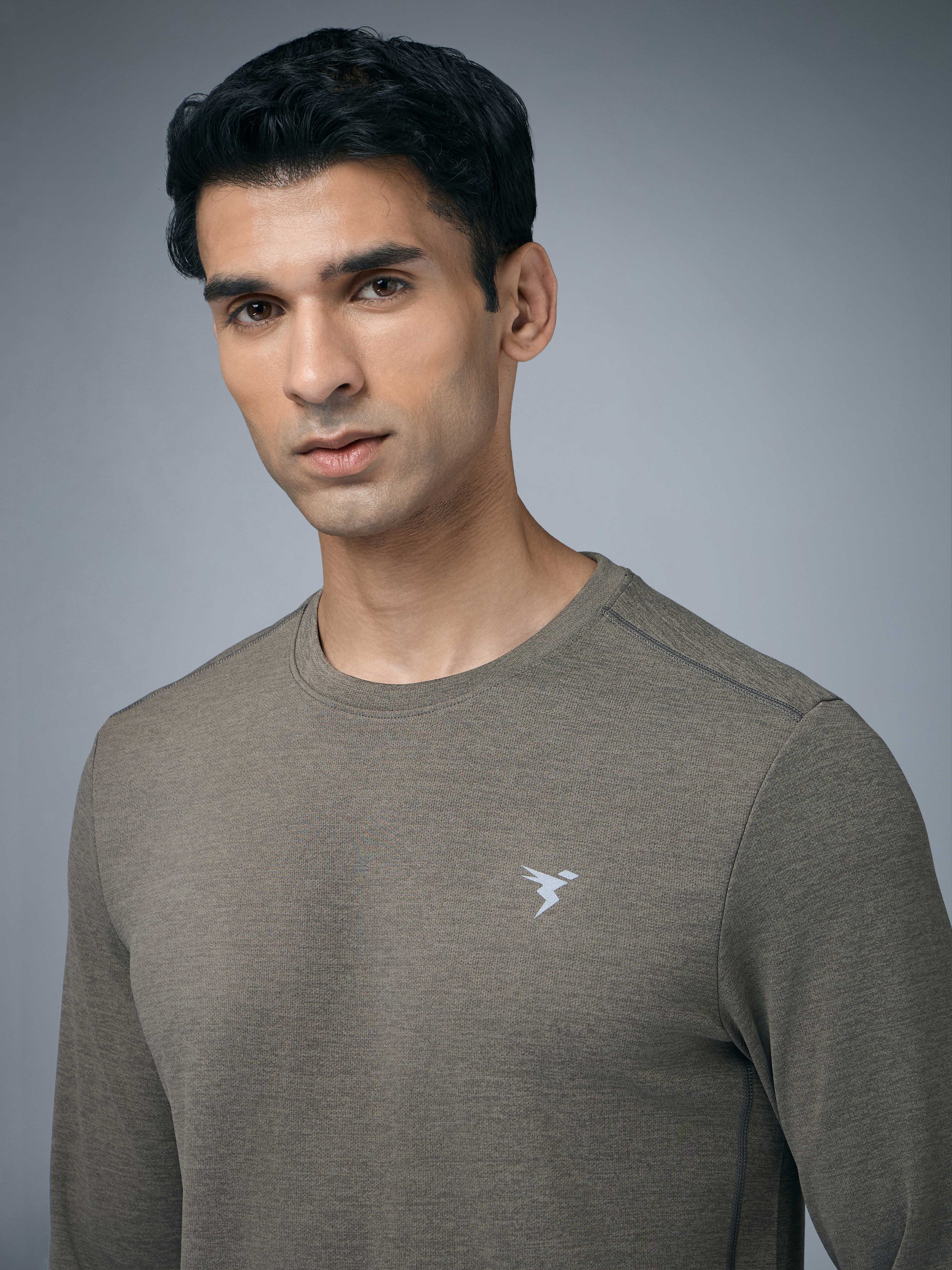 Technosport Melange Doule Cool Slim Fit Crew Neck Fullsleeve Tshirt - OR47 - SMOKEY OLIVE