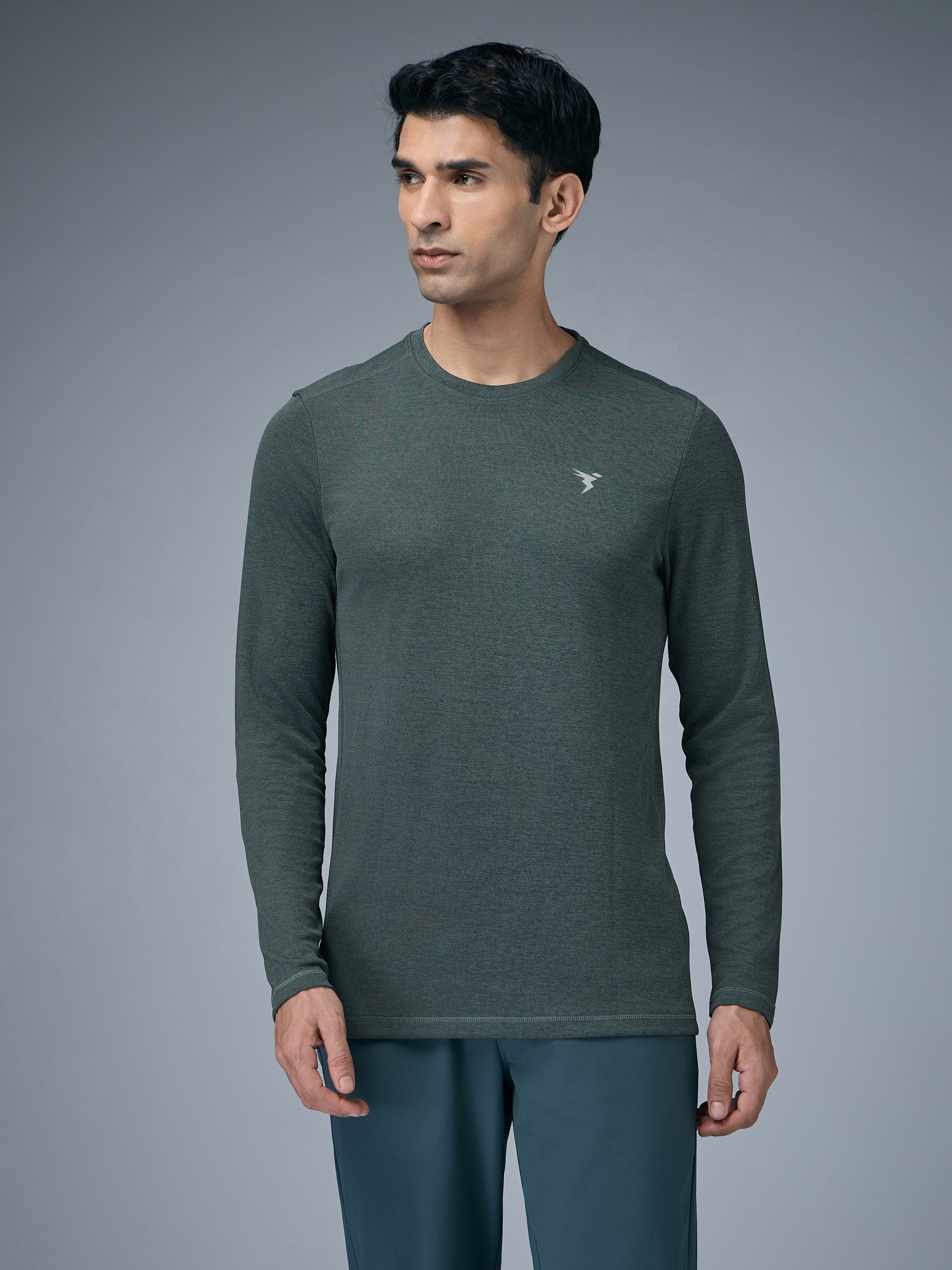 Technosport Melange Doule Cool Slim Fit Crew Neck Fullsleeve Tshirt - OR47 - TREKKING GREEN