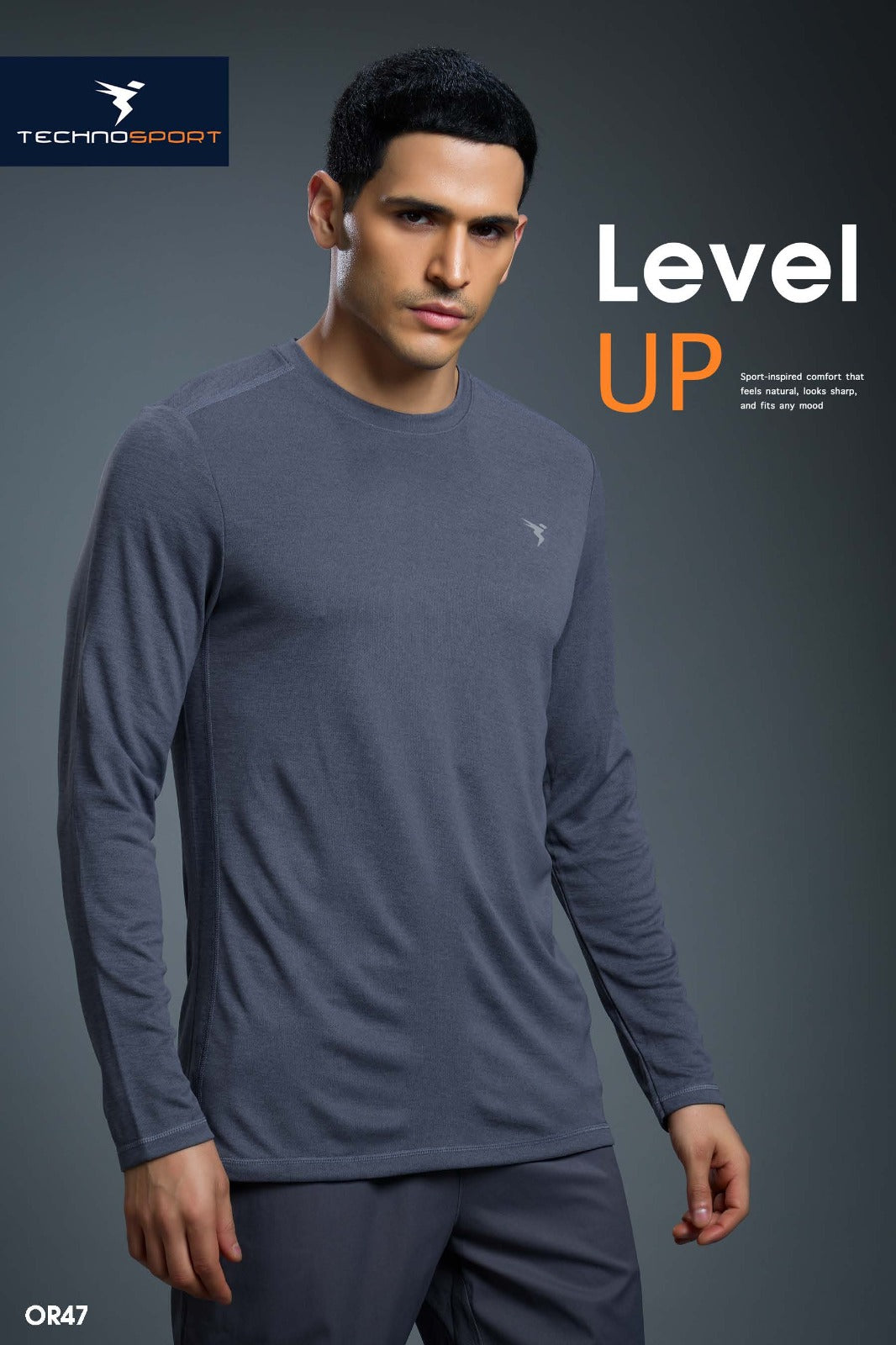 Technosport Melange Doule Cool Slim Fit Crew Neck Fullsleeve Tshirt - OR47 - VINTAGE INDIGO