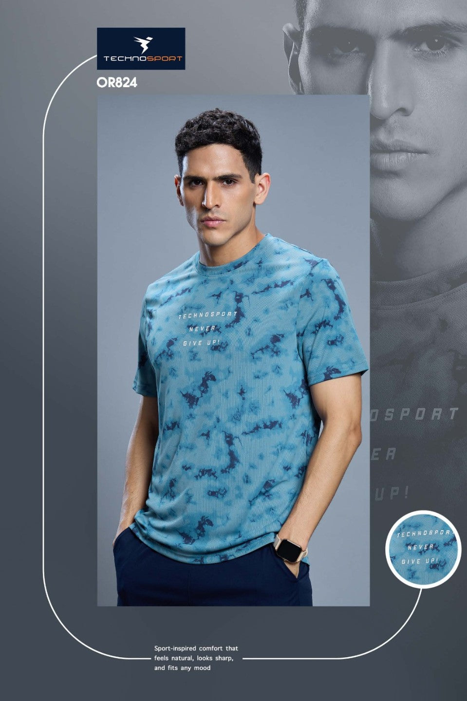 Technosport Men Crew Neck Tshirt - OR824 - BLUE STONE