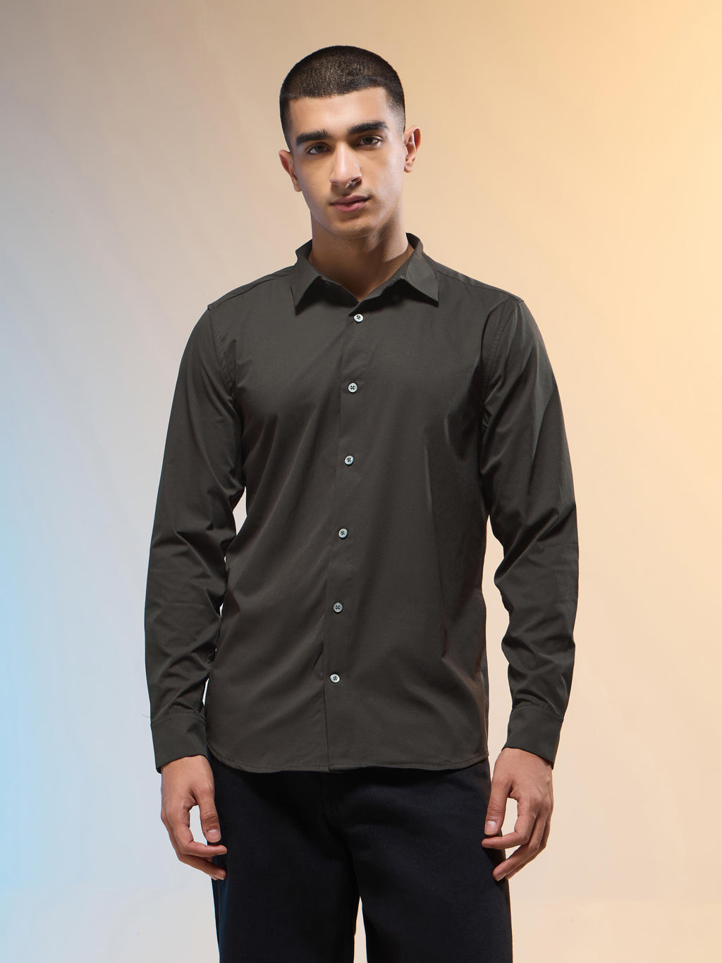 Technosport Men Solid Shirt (LS Lytra) - P823 - BLACK OLIVE