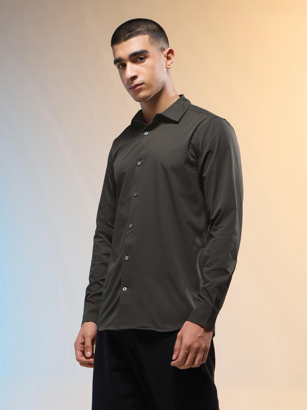 Technosport Men Solid Shirt (LS Lytra) - P823 - BLACK OLIVE
