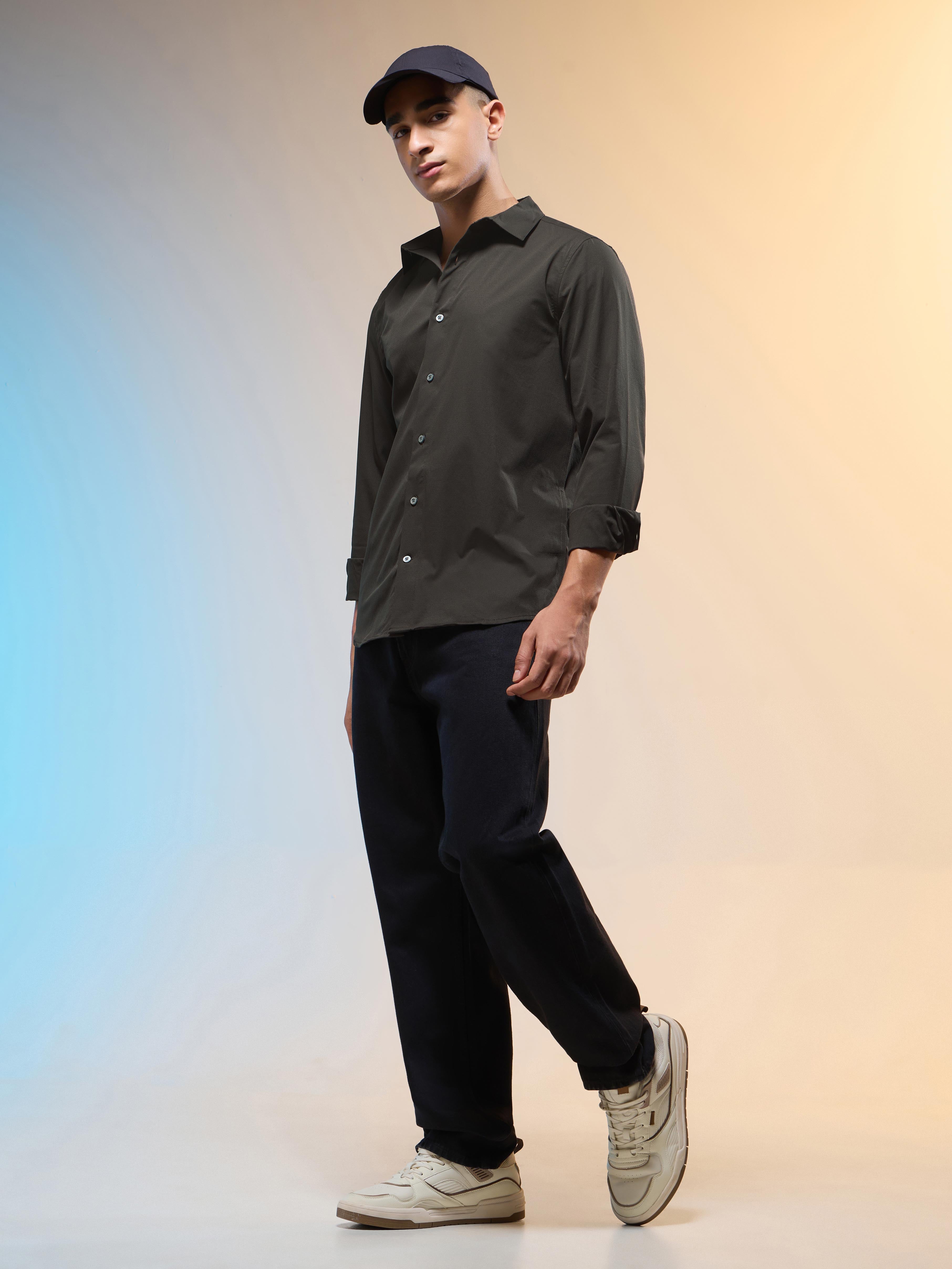 Technosport Men Solid Shirt (LS Lytra) - P823 - BLACK OLIVE