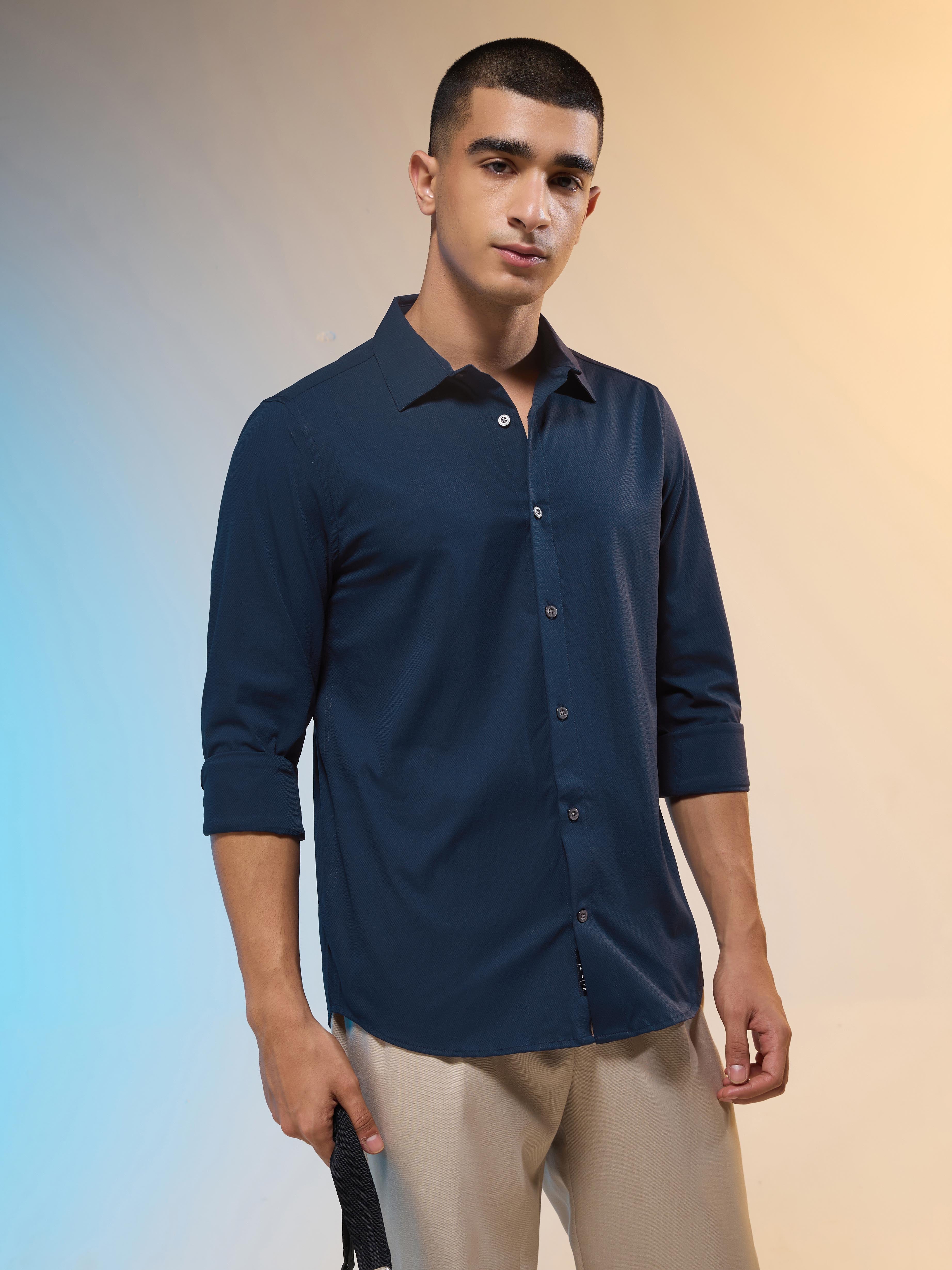 Technosport Men Solid Shirt (LS Lytra) - P823 - NAVY