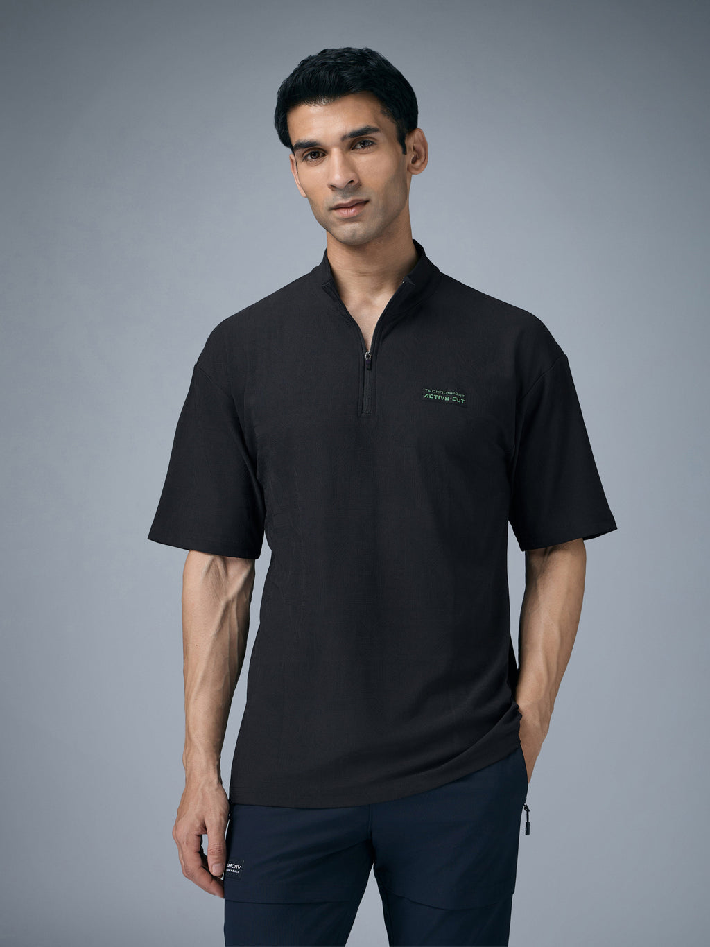 Technosport Mock Neck Self Design Oversized Tshirt (Matpiq) - P910 - BLACK