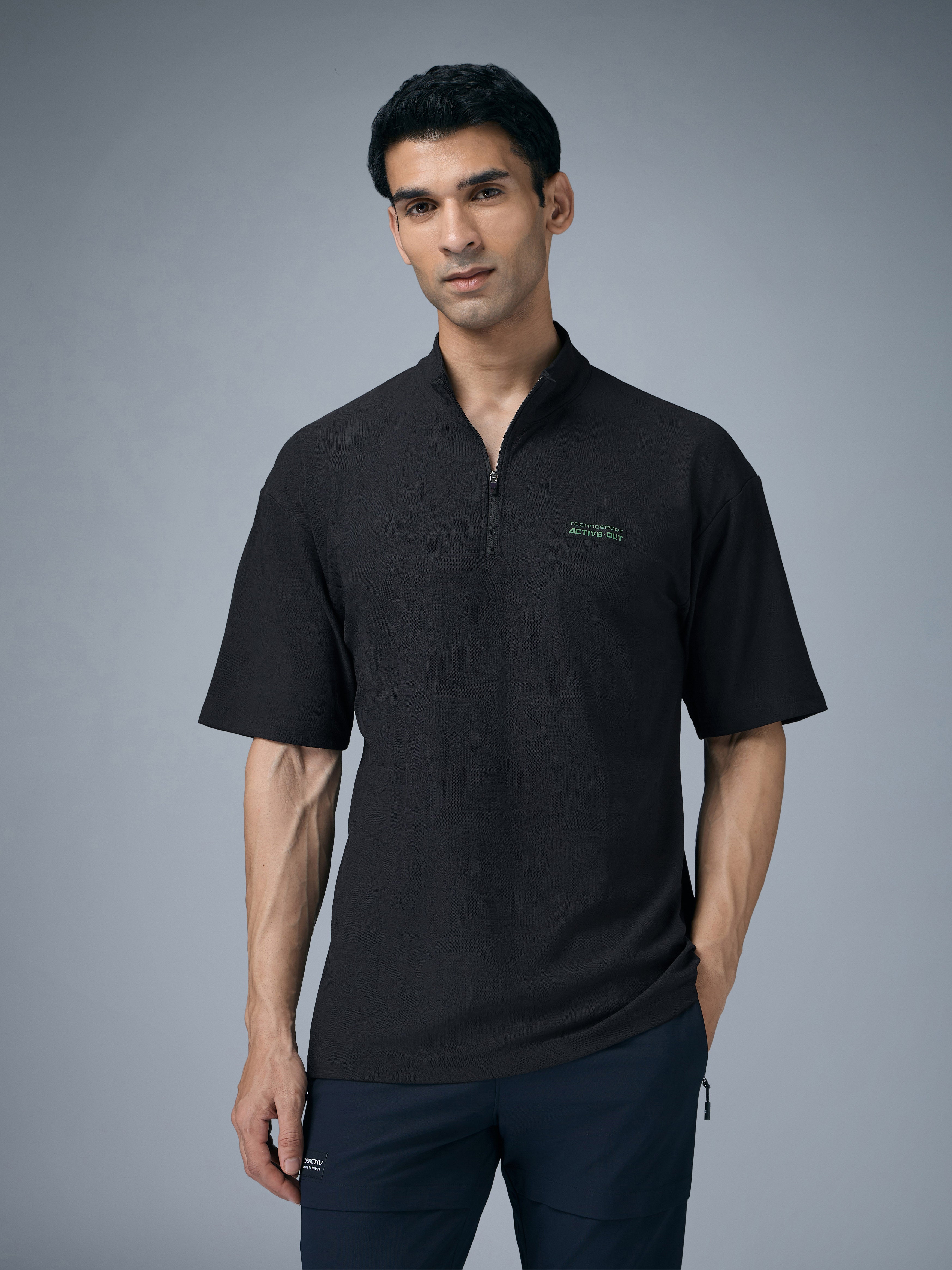Technosport Mock Neck Self Design Oversized Tshirt (Matpiq) - P910 - BLACK