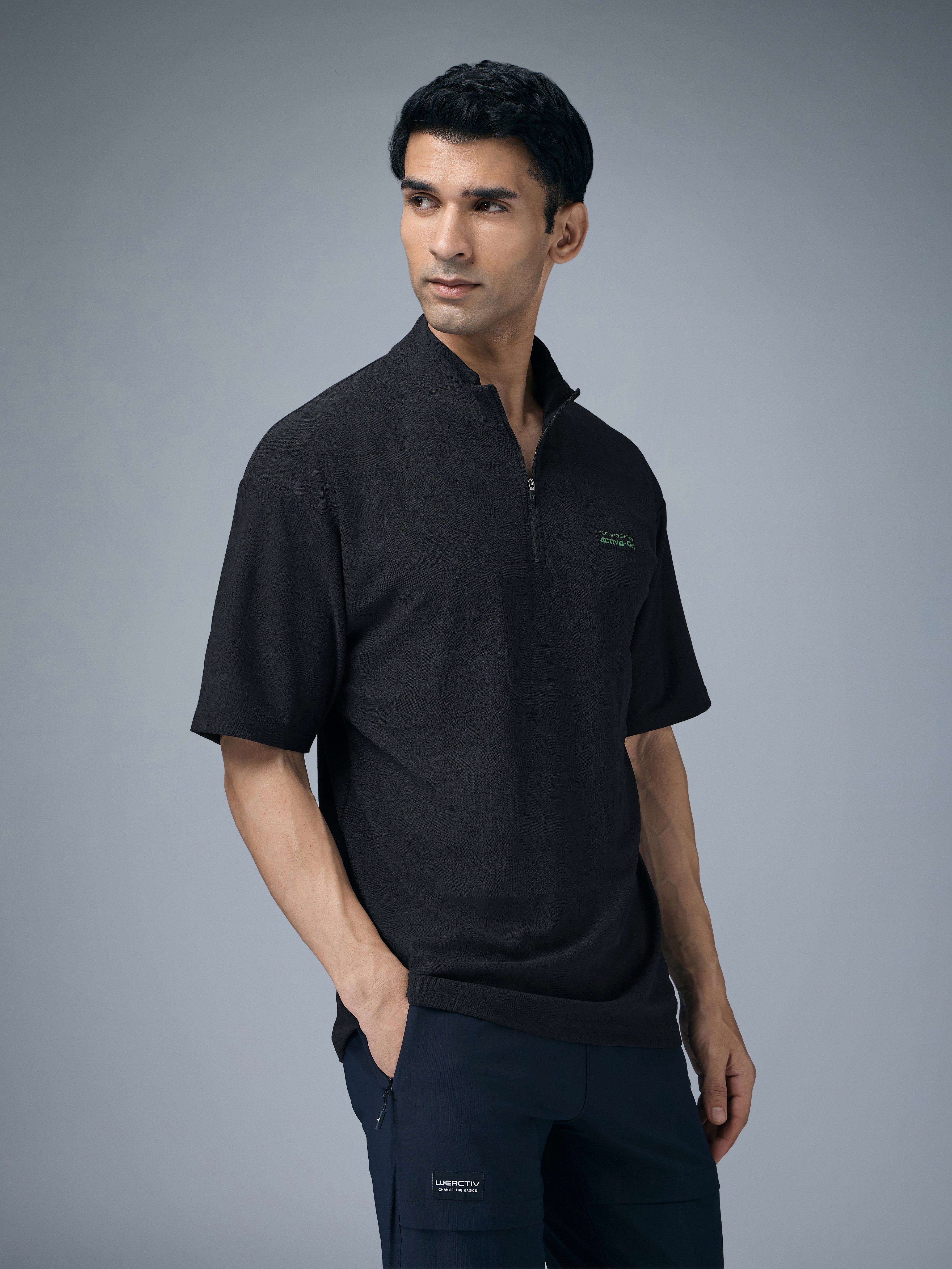 Technosport Mock Neck Self Design Oversized Tshirt (Matpiq) - P910 - BLACK