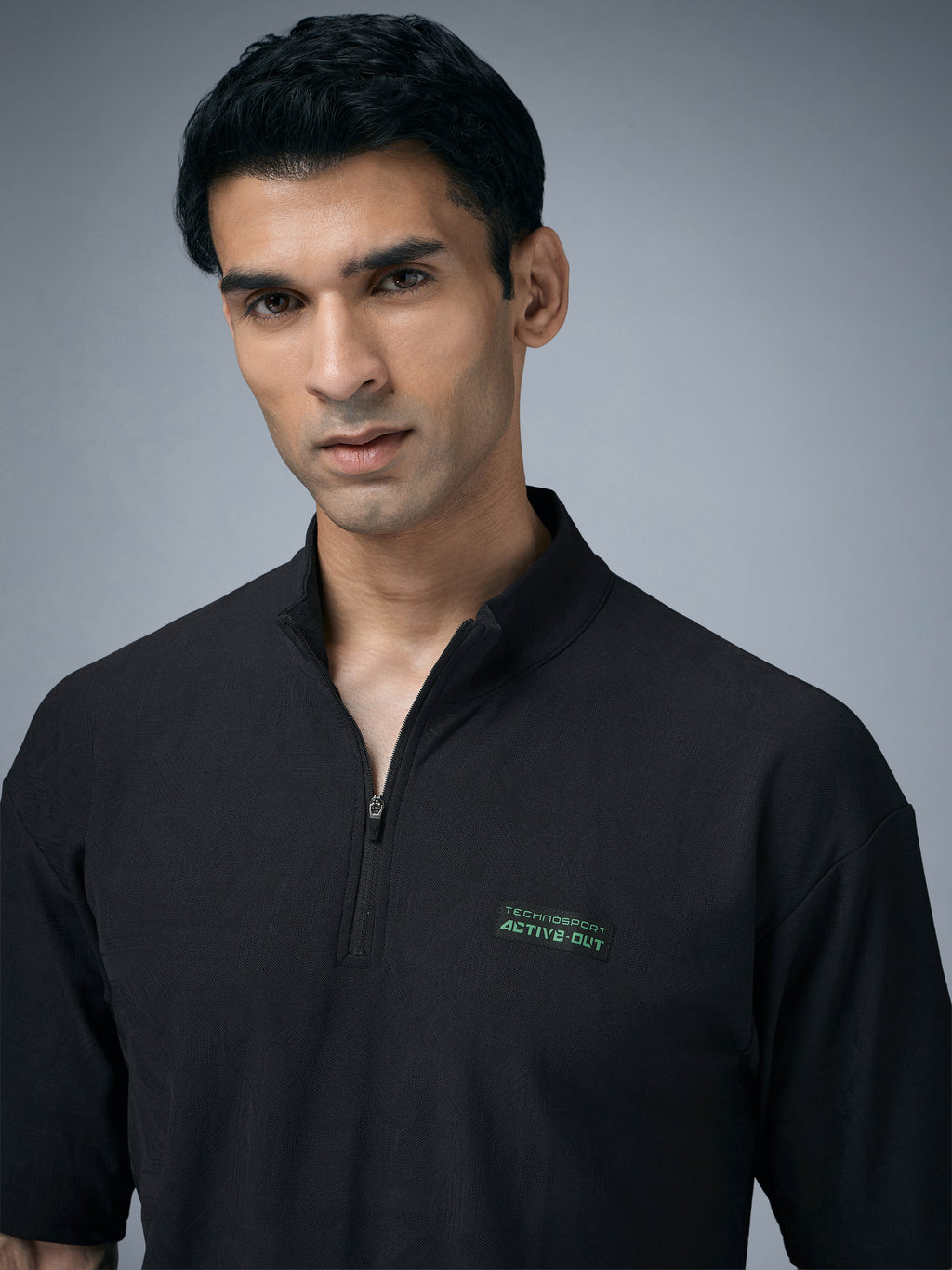 Technosport Mock Neck Self Design Oversized Tshirt (Matpiq) - P910 - BLACK