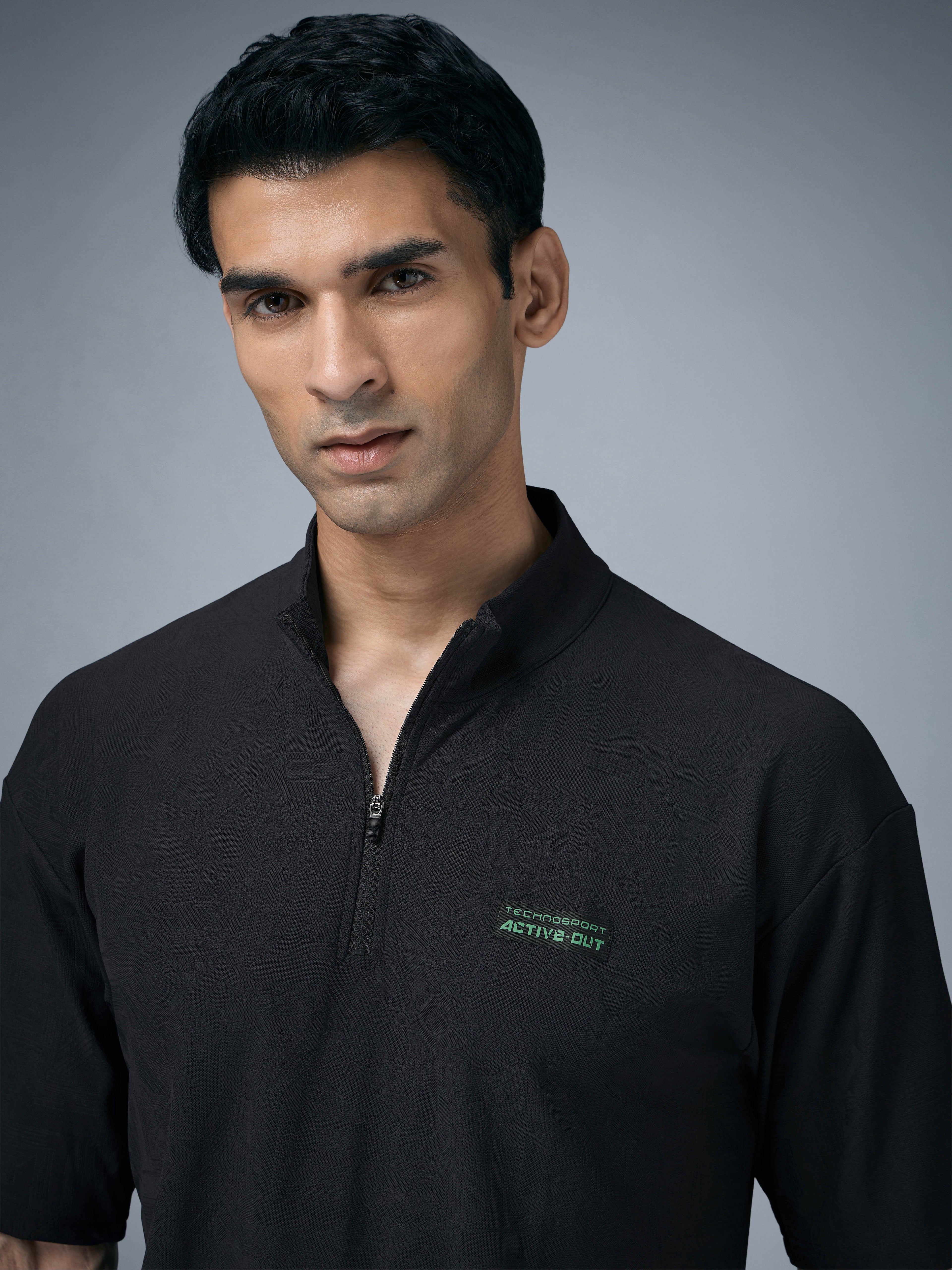 Technosport Mock Neck Self Design Oversized Tshirt (Matpiq) - P910 - BLACK