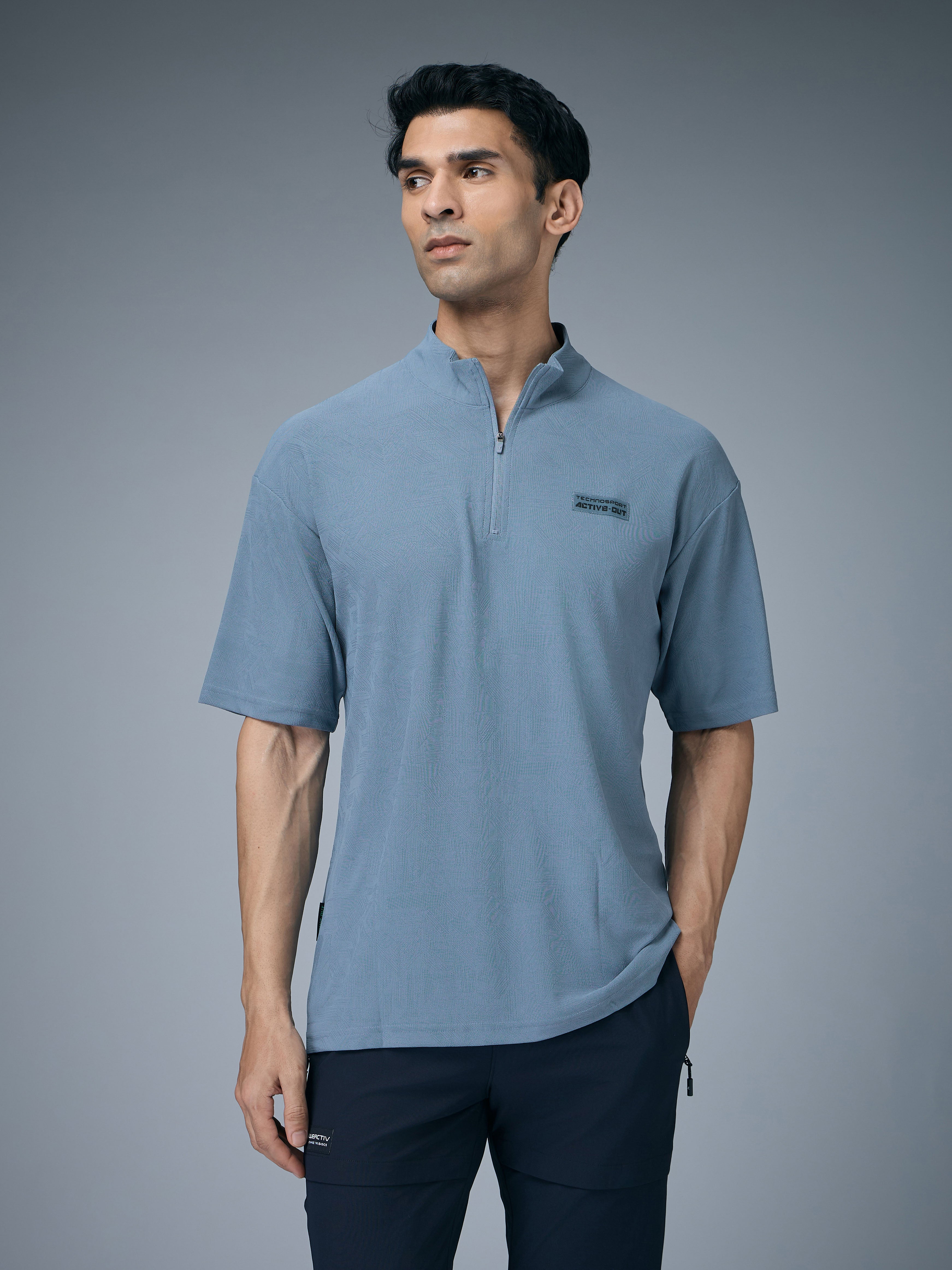 Technosport Mock Neck Self Design Oversized Tshirt (Matpiq) - P910 - BLUE STONE