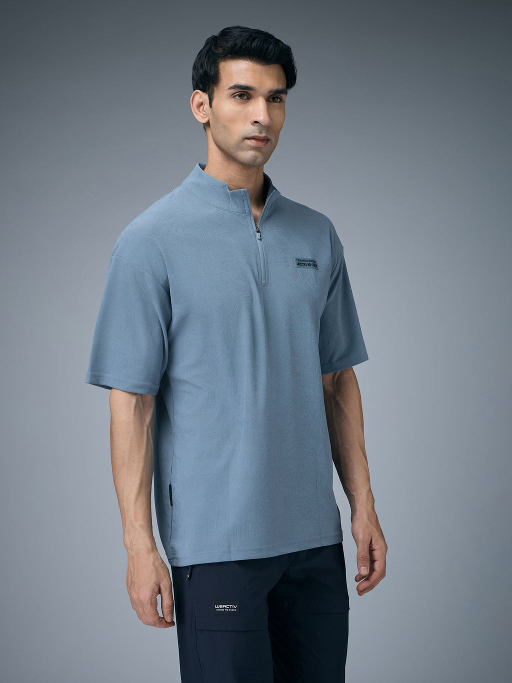 Technosport Mock Neck Self Design Oversized Tshirt (Matpiq) - P910 - BLUE STONE