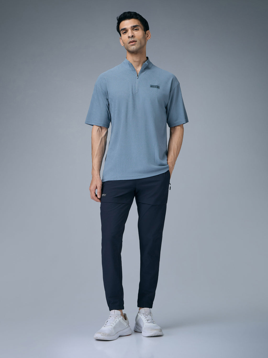 Technosport Mock Neck Self Design Oversized Tshirt (Matpiq) - P910 - BLUE STONE