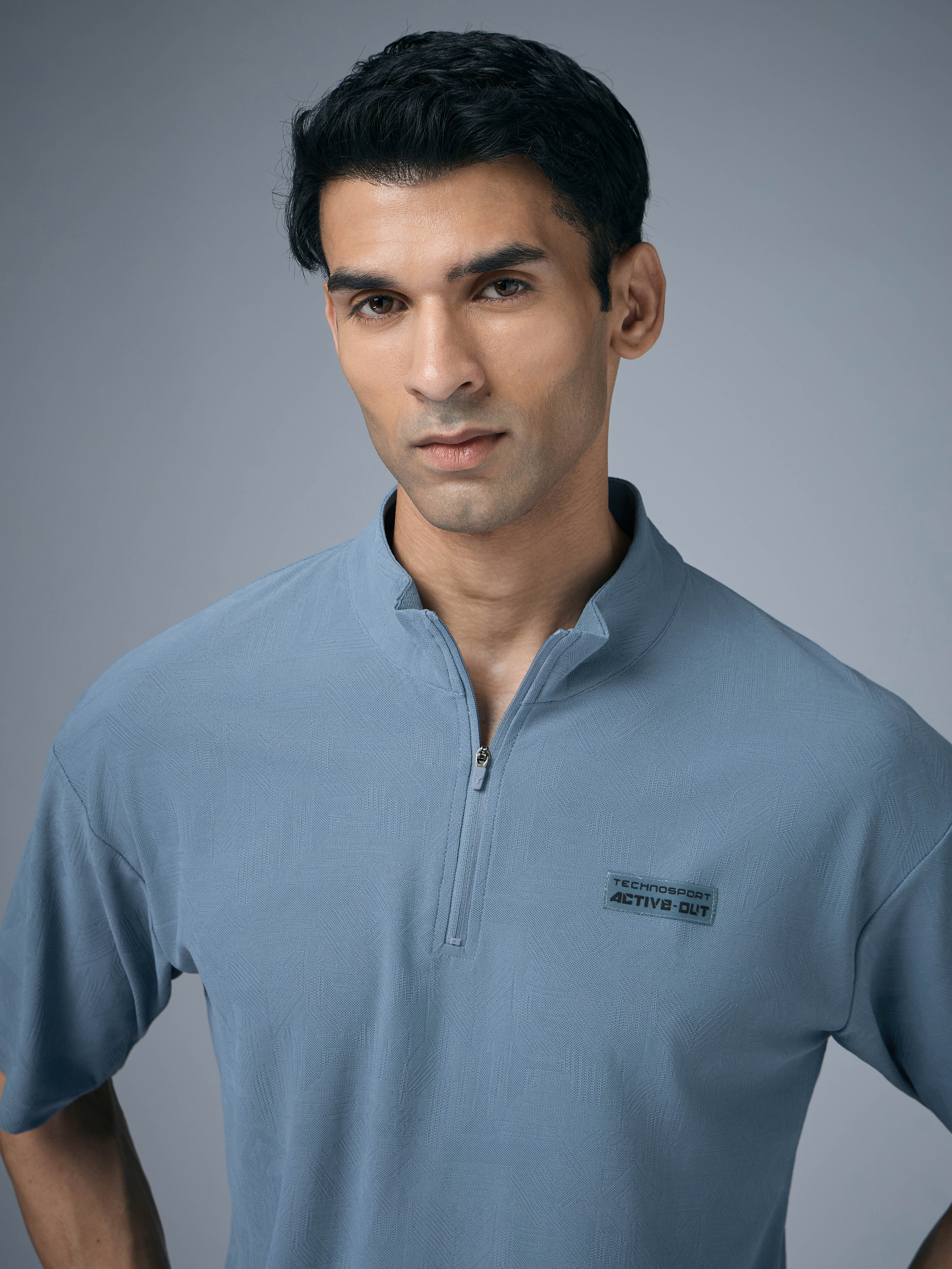Technosport Mock Neck Self Design Oversized Tshirt (Matpiq) - P910 - BLUE STONE