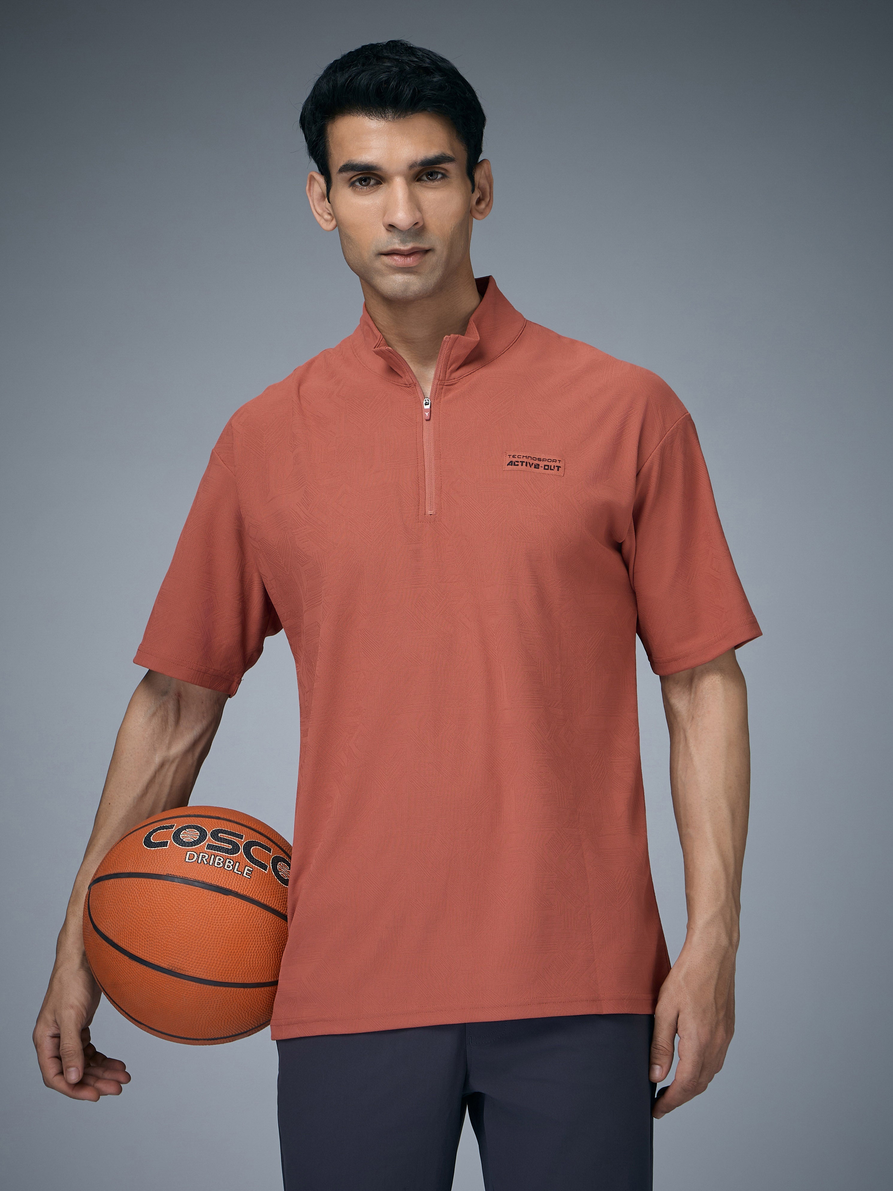Technosport Mock Neck Self Design Oversized Tshirt (Matpiq) - P910 - CHILLI FLAKES