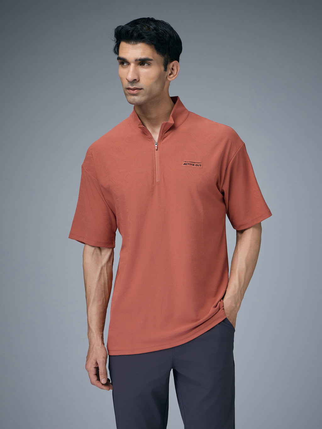 Technosport Mock Neck Self Design Oversized Tshirt (Matpiq) - P910 - CHILLI FLAKES