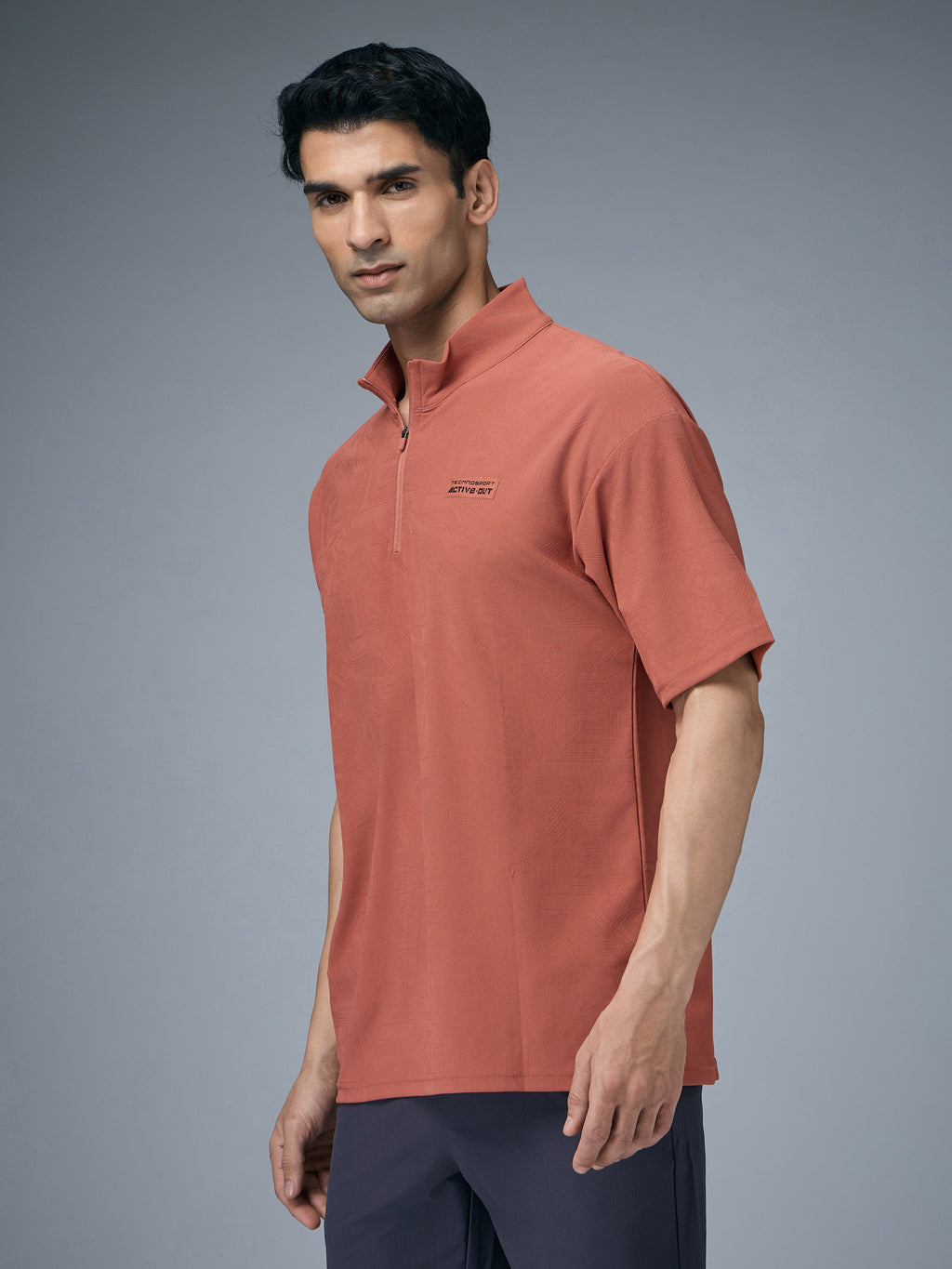 Technosport Mock Neck Self Design Oversized Tshirt (Matpiq) - P910 - CHILLI FLAKES