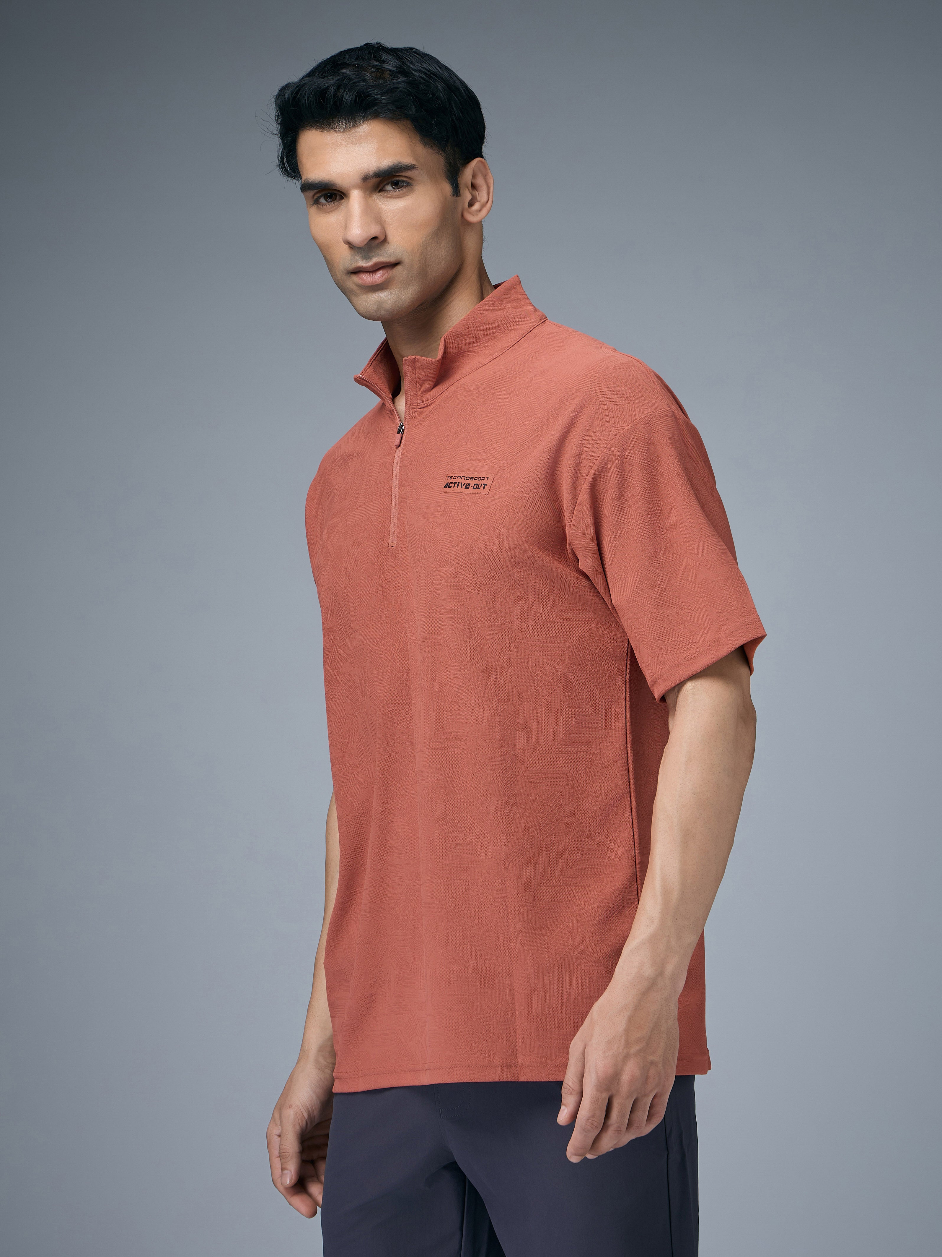 Technosport Mock Neck Self Design Oversized Tshirt (Matpiq) - P910 - CHILLI FLAKES