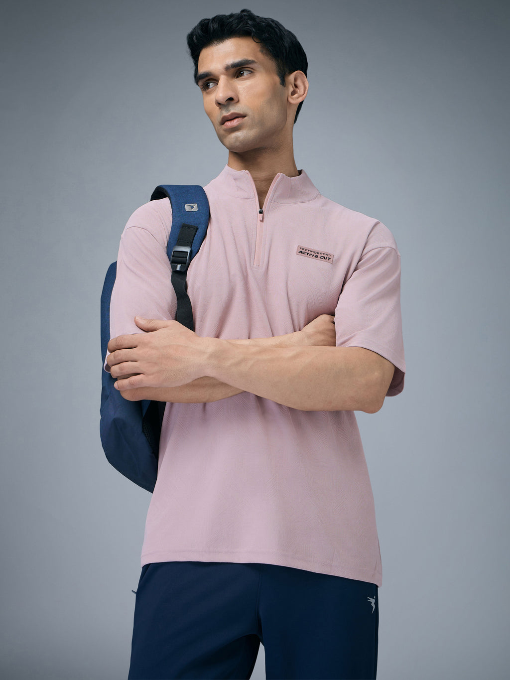 Technosport Mock Neck Self Design Oversized Tshirt (Matpiq) - P910 - DUSTY PINK