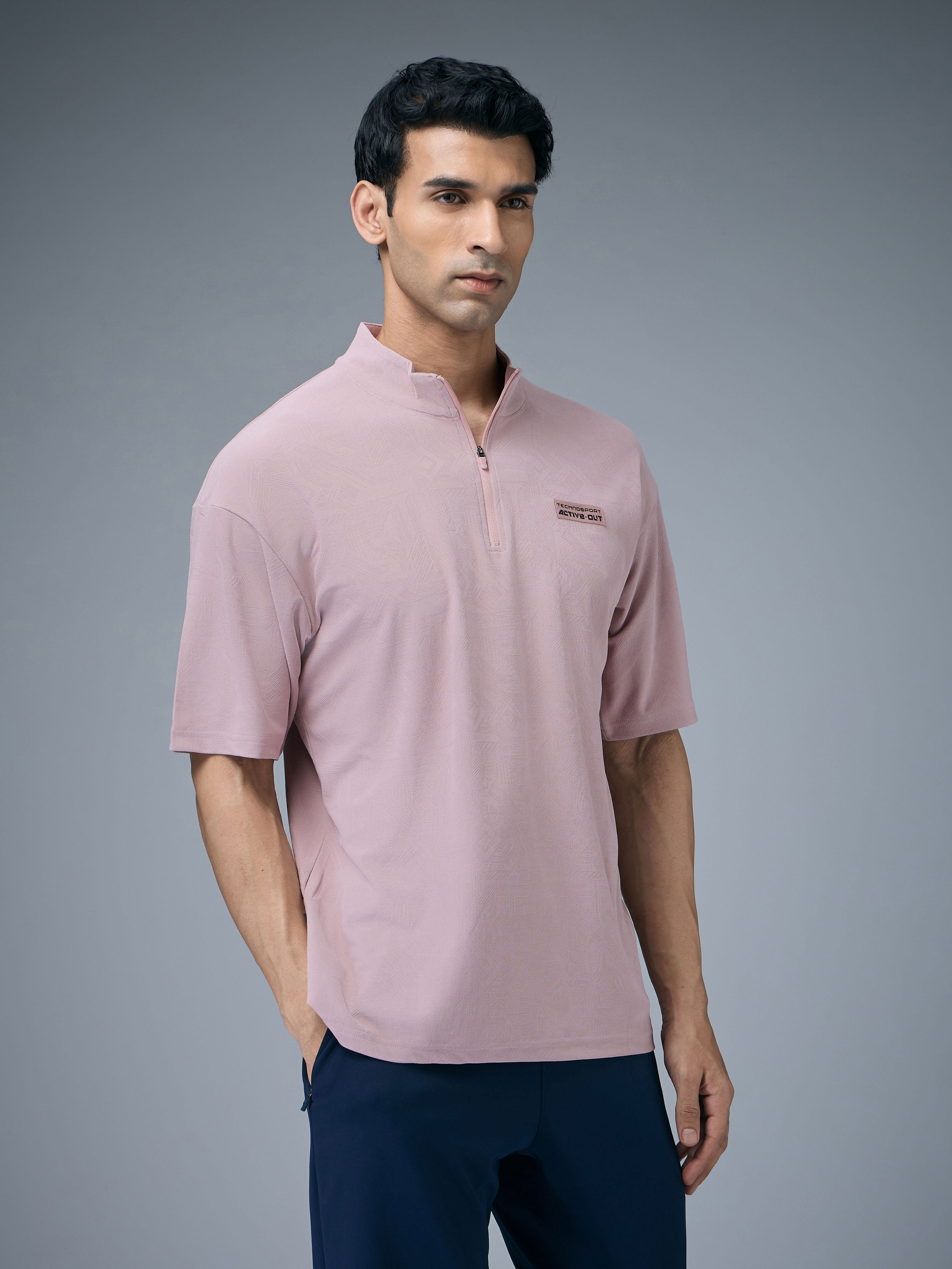Technosport Mock Neck Self Design Oversized Tshirt (Matpiq) - P910 - DUSTY PINK