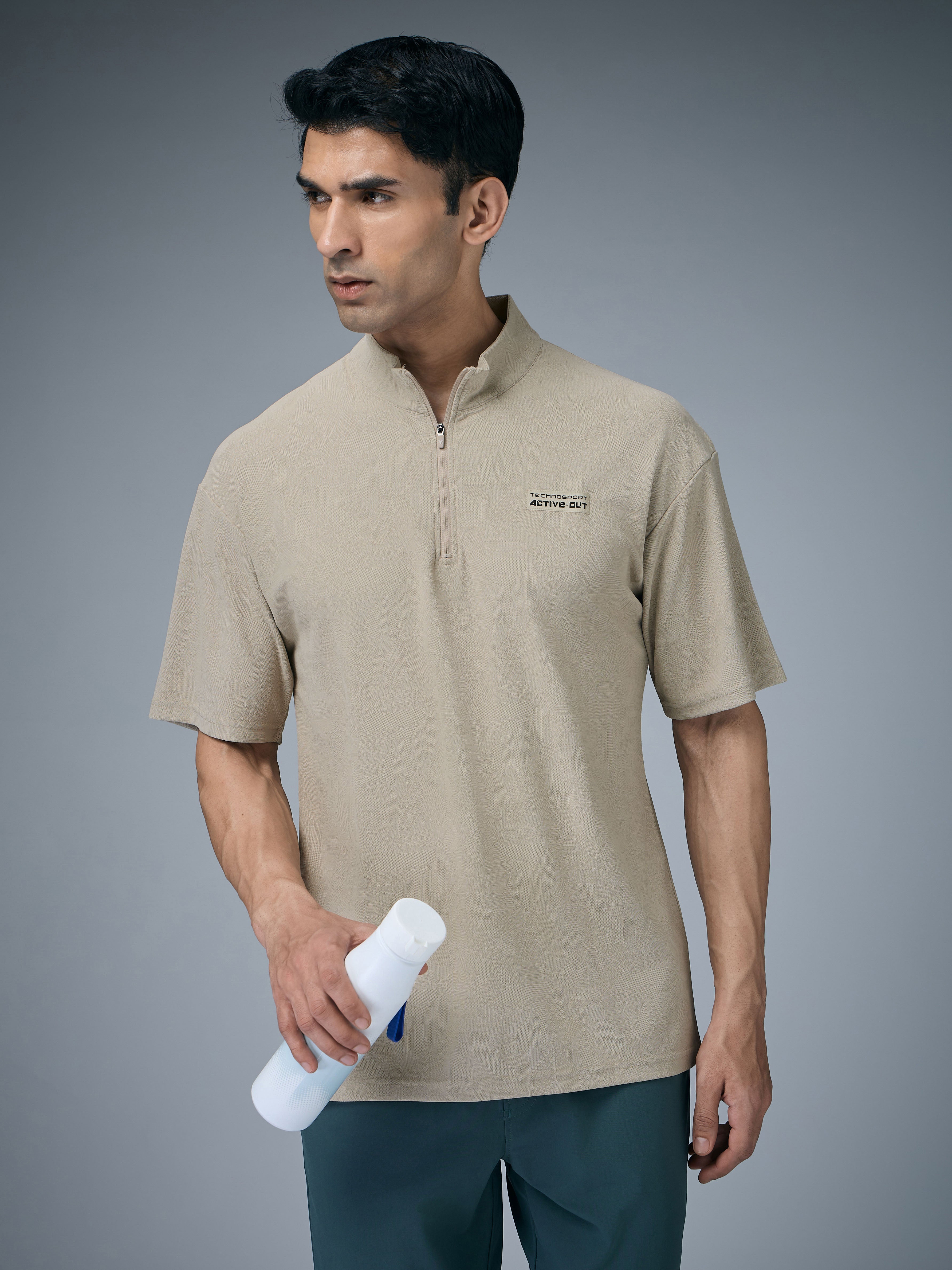 Technosport Mock Neck Self Design Oversized Tshirt (Matpiq) - P910 - OYSTER GRAY