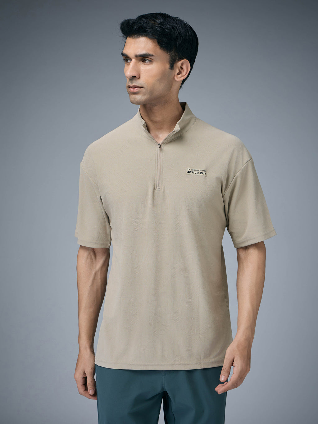 Technosport Mock Neck Self Design Oversized Tshirt (Matpiq) - P910 - OYSTER GRAY