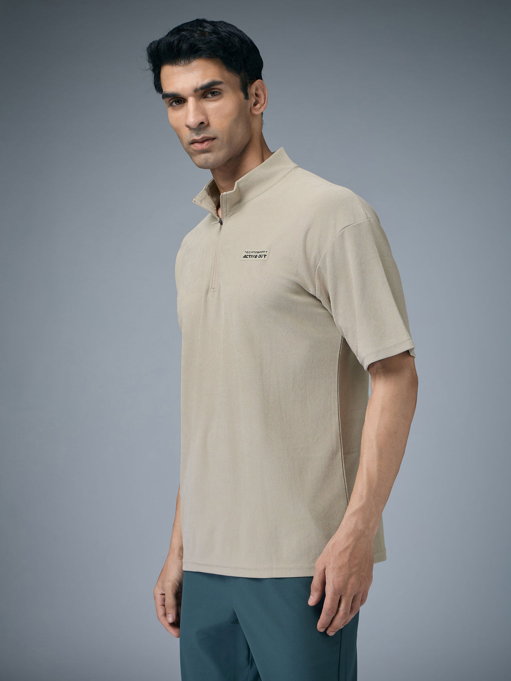 Technosport Mock Neck Self Design Oversized Tshirt (Matpiq) - P910 - OYSTER GRAY