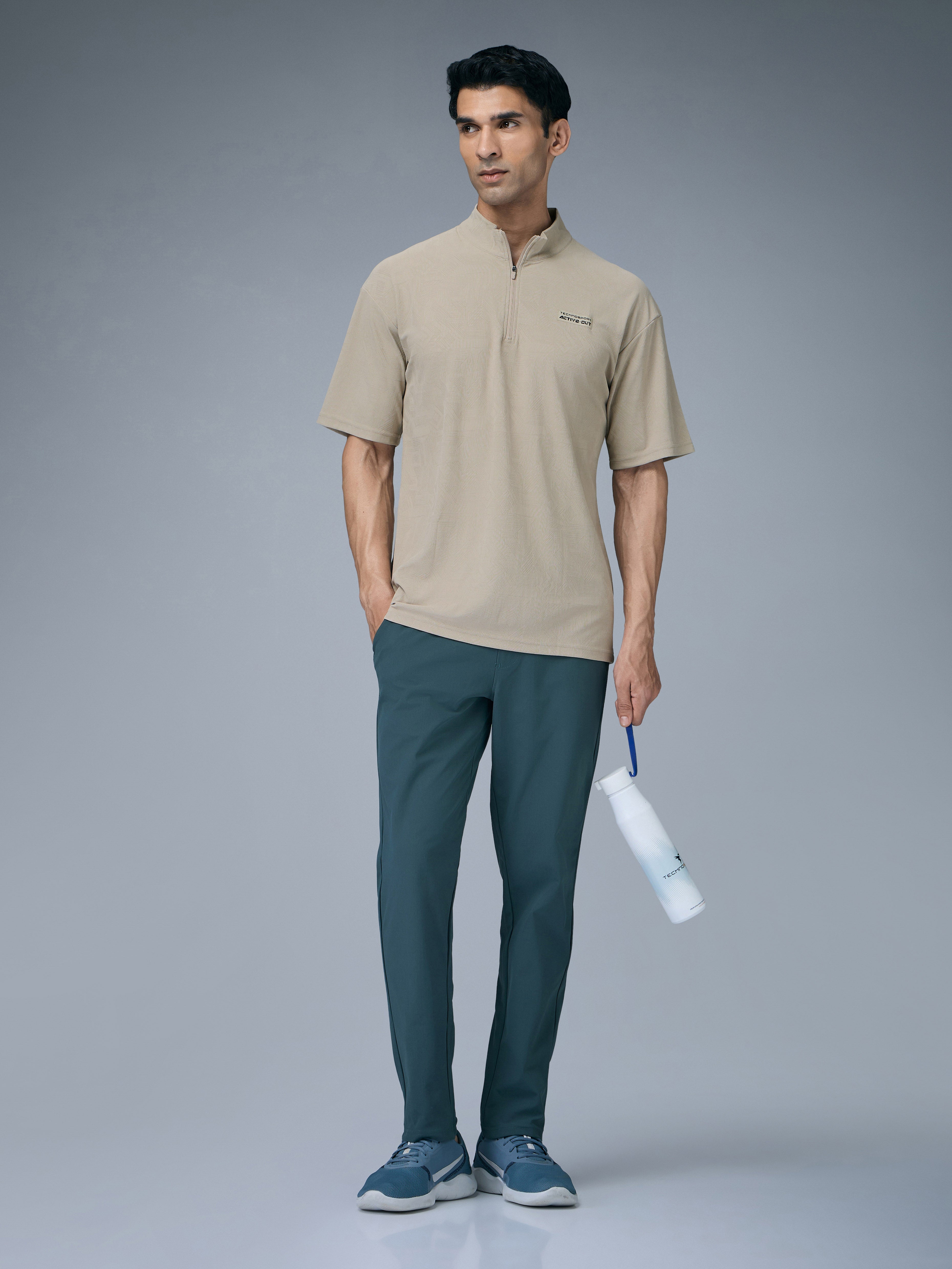 Technosport Mock Neck Self Design Oversized Tshirt (Matpiq) - P910 - OYSTER GRAY