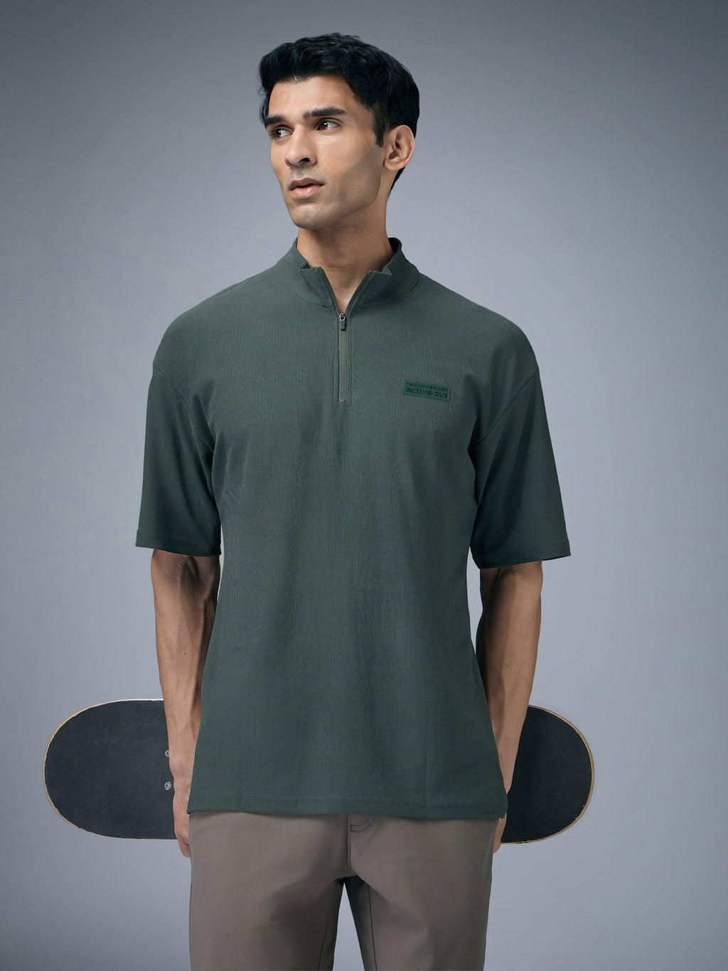 Technosport Mock Neck Self Design Oversized Tshirt (Matpiq) - P910 - TREKKING GREEN