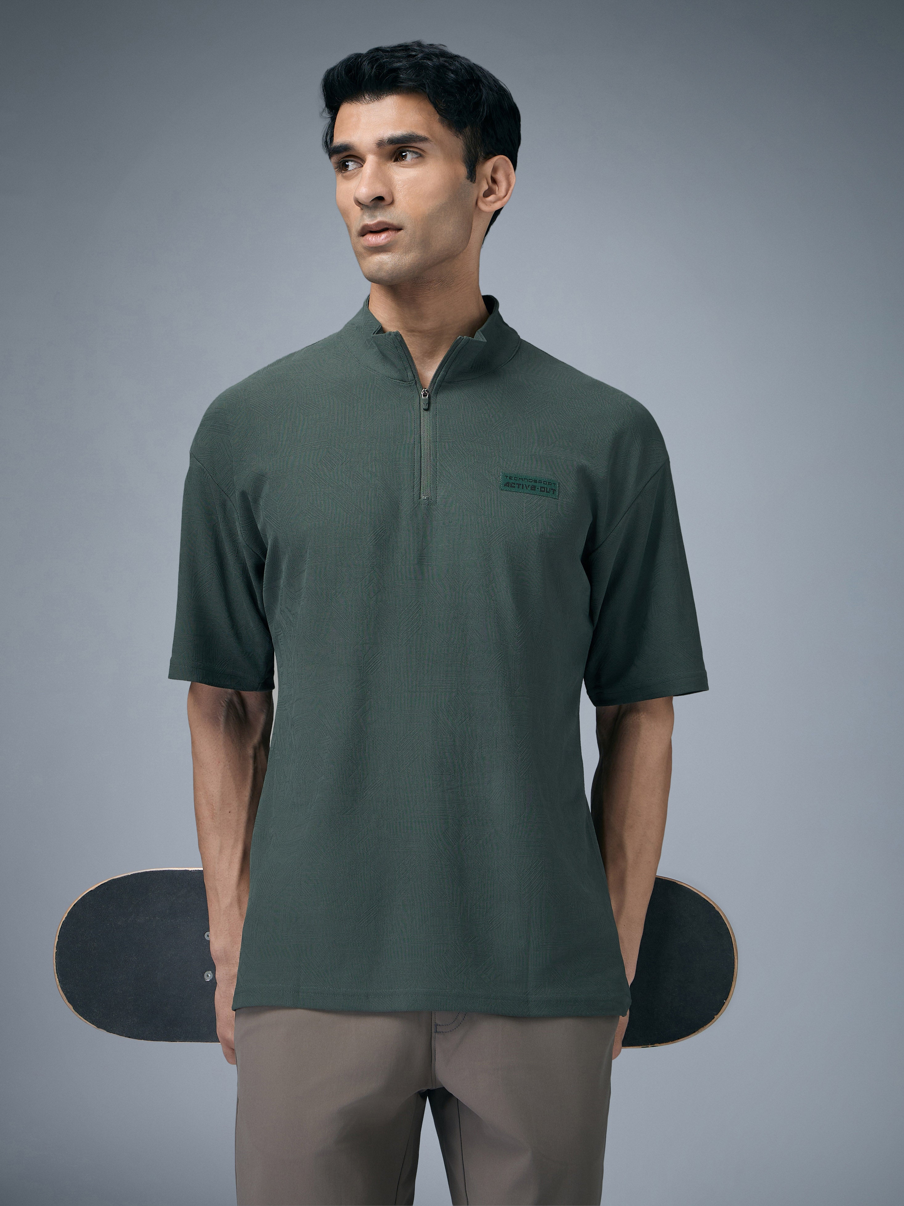 Technosport Mock Neck Self Design Oversized Tshirt (Matpiq) - P910 - TREKKING GREEN