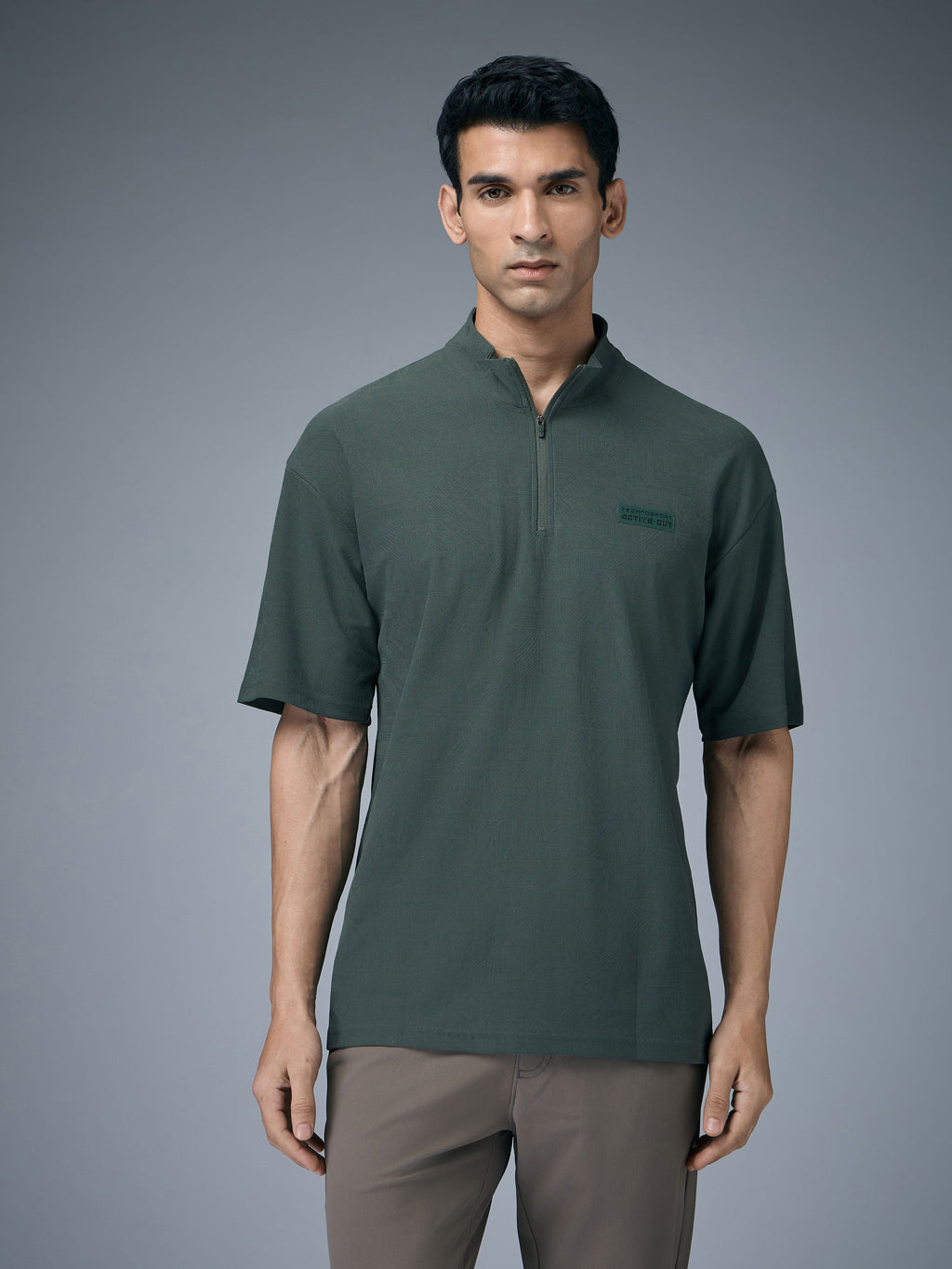 Technosport Mock Neck Self Design Oversized Tshirt (Matpiq) - P910 - TREKKING GREEN