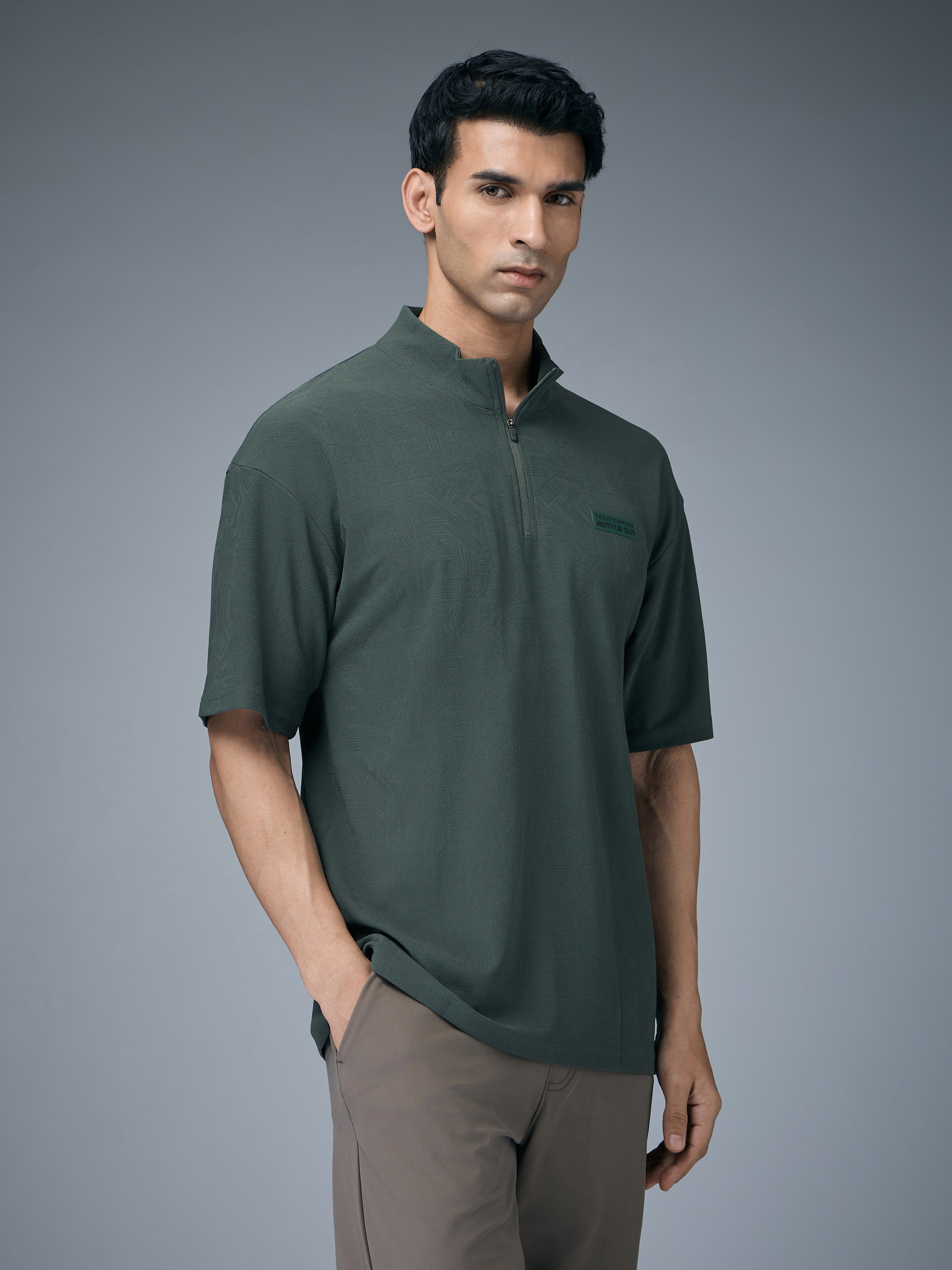 Technosport Mock Neck Self Design Oversized Tshirt (Matpiq) - P910 - TREKKING GREEN