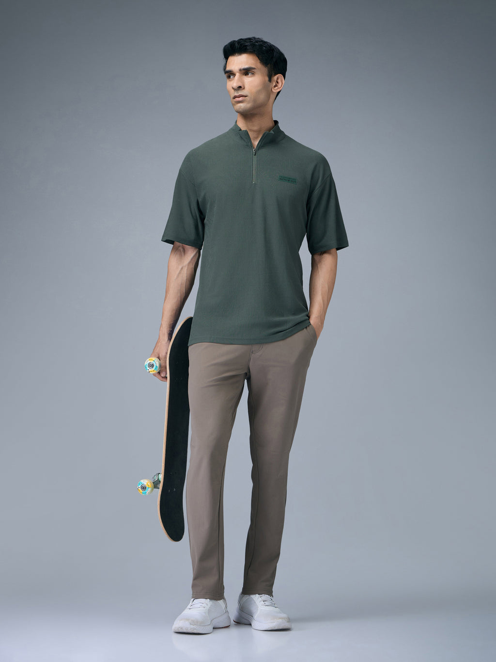 Technosport Mock Neck Self Design Oversized Tshirt (Matpiq) - P910 - TREKKING GREEN