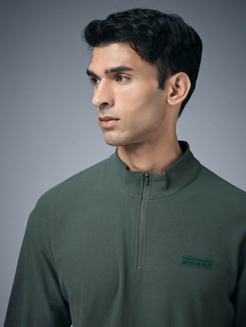 Technosport Mock Neck Self Design Oversized Tshirt (Matpiq) - P910 - TREKKING GREEN