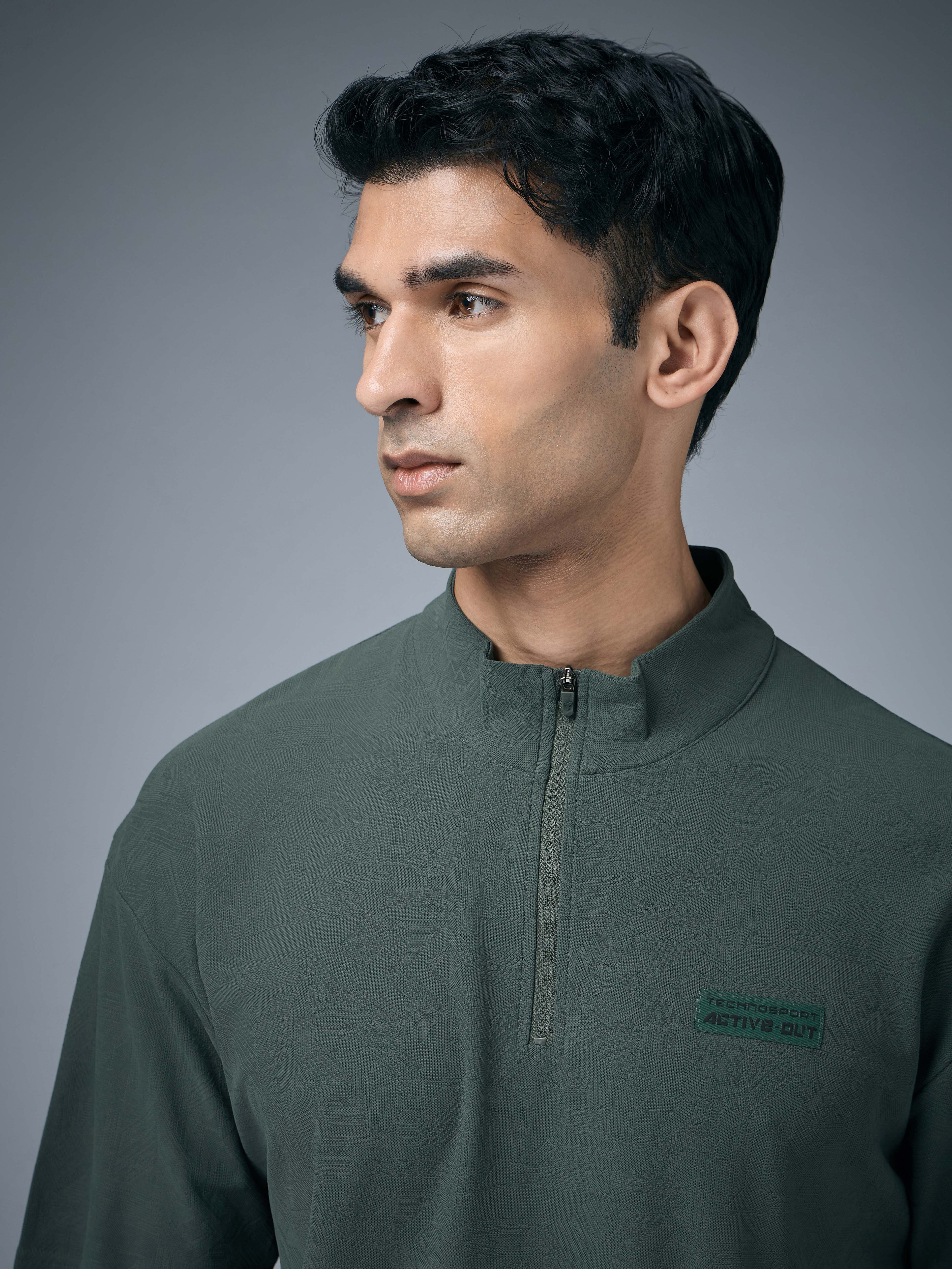 Technosport Mock Neck Self Design Oversized Tshirt (Matpiq) - P910 - TREKKING GREEN