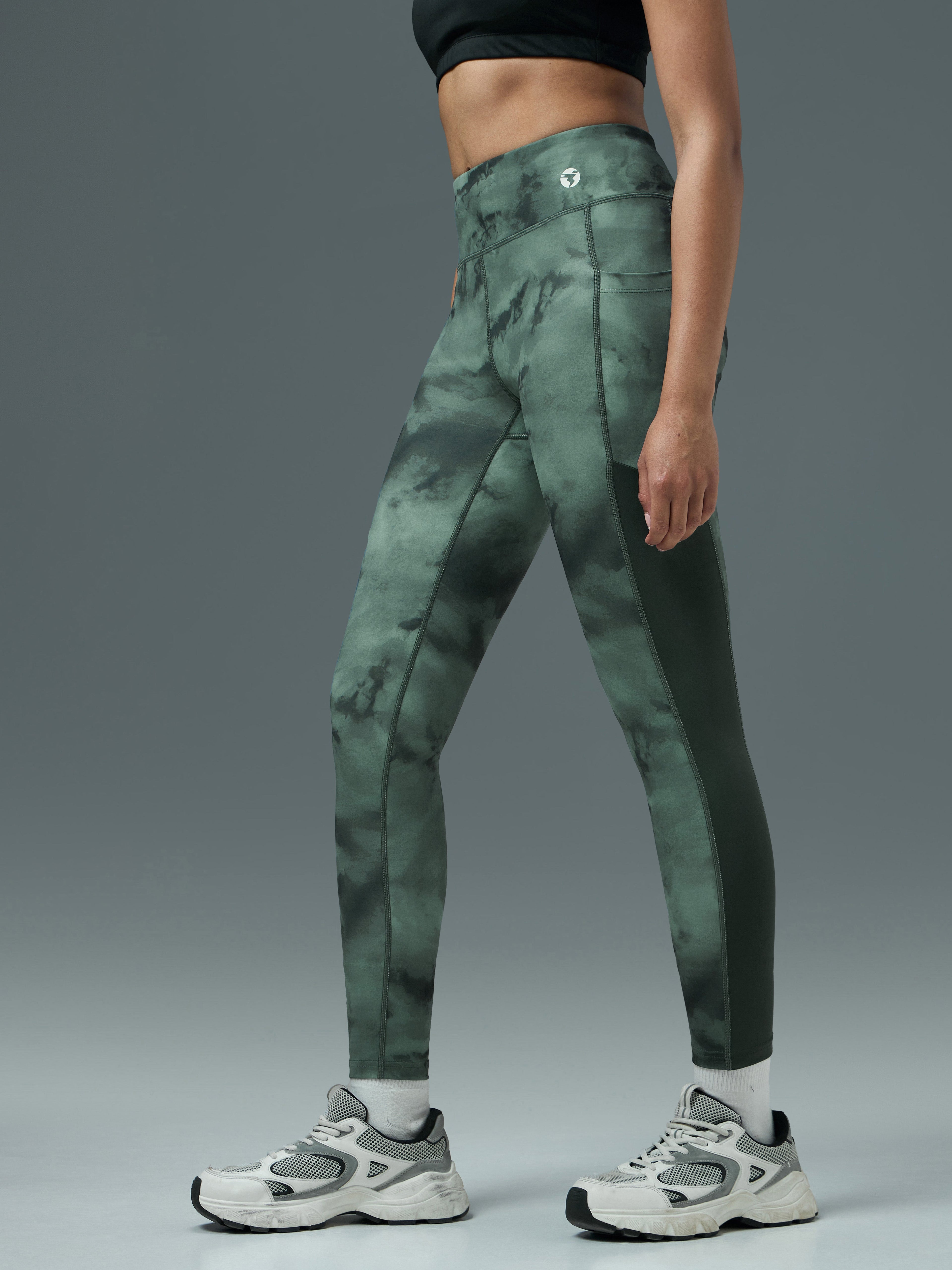 Technosport Women Printed Tights (Elasto Plus) - W155 - GREENY RADIANT RIPPLE